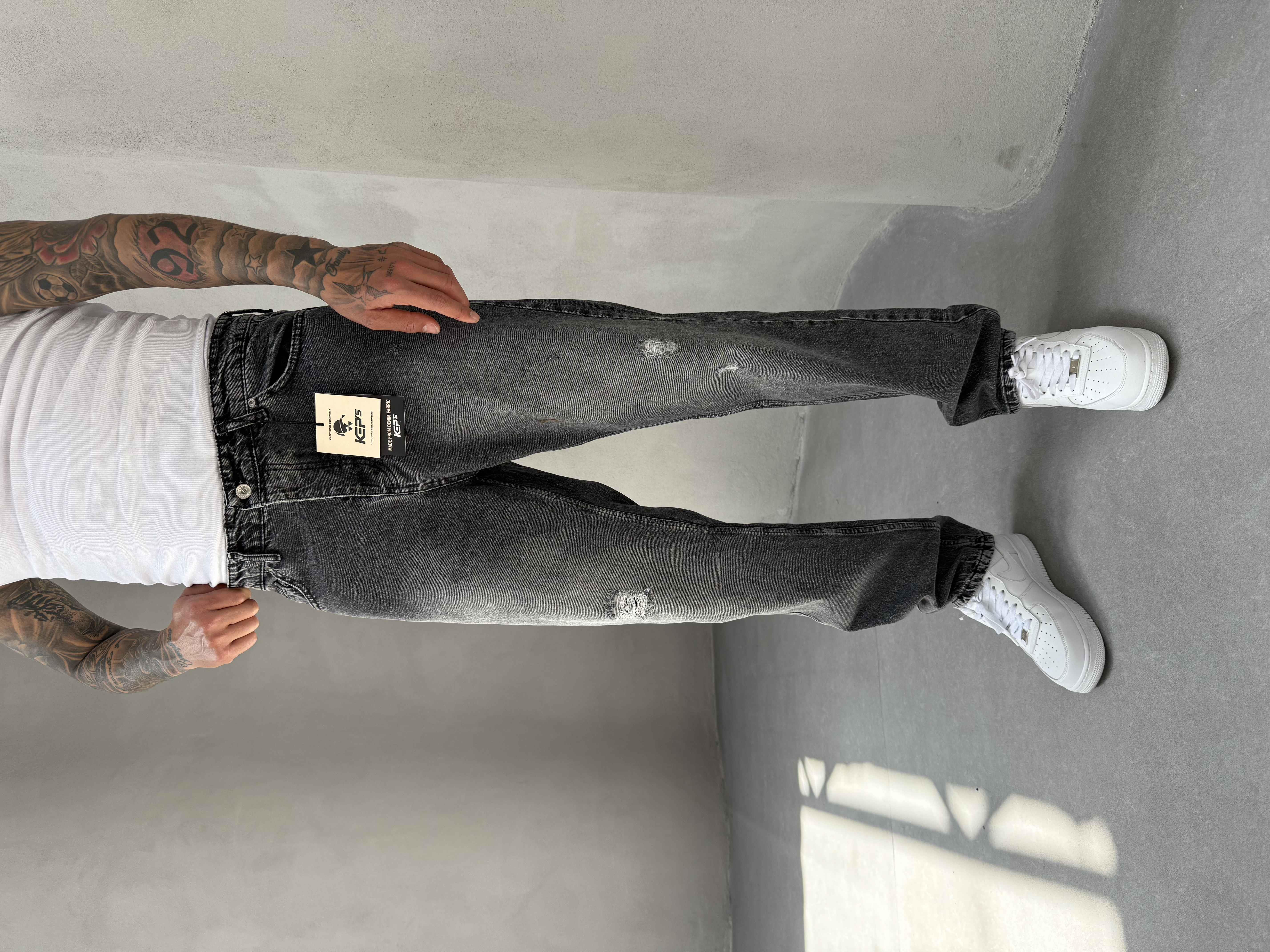 Füme Yırtık Detaylı Baggy Jean