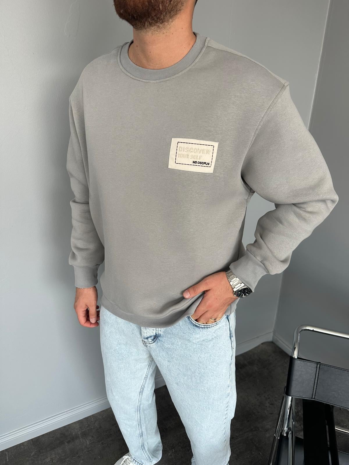 Gri Baskılı Oversize Sweatshirt
