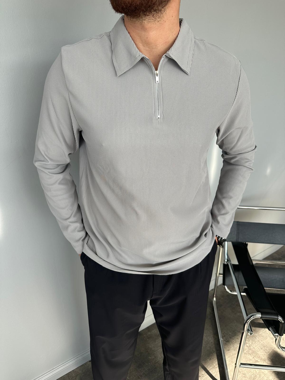 Gri Fitilli Polo Yaka Sweatshirt