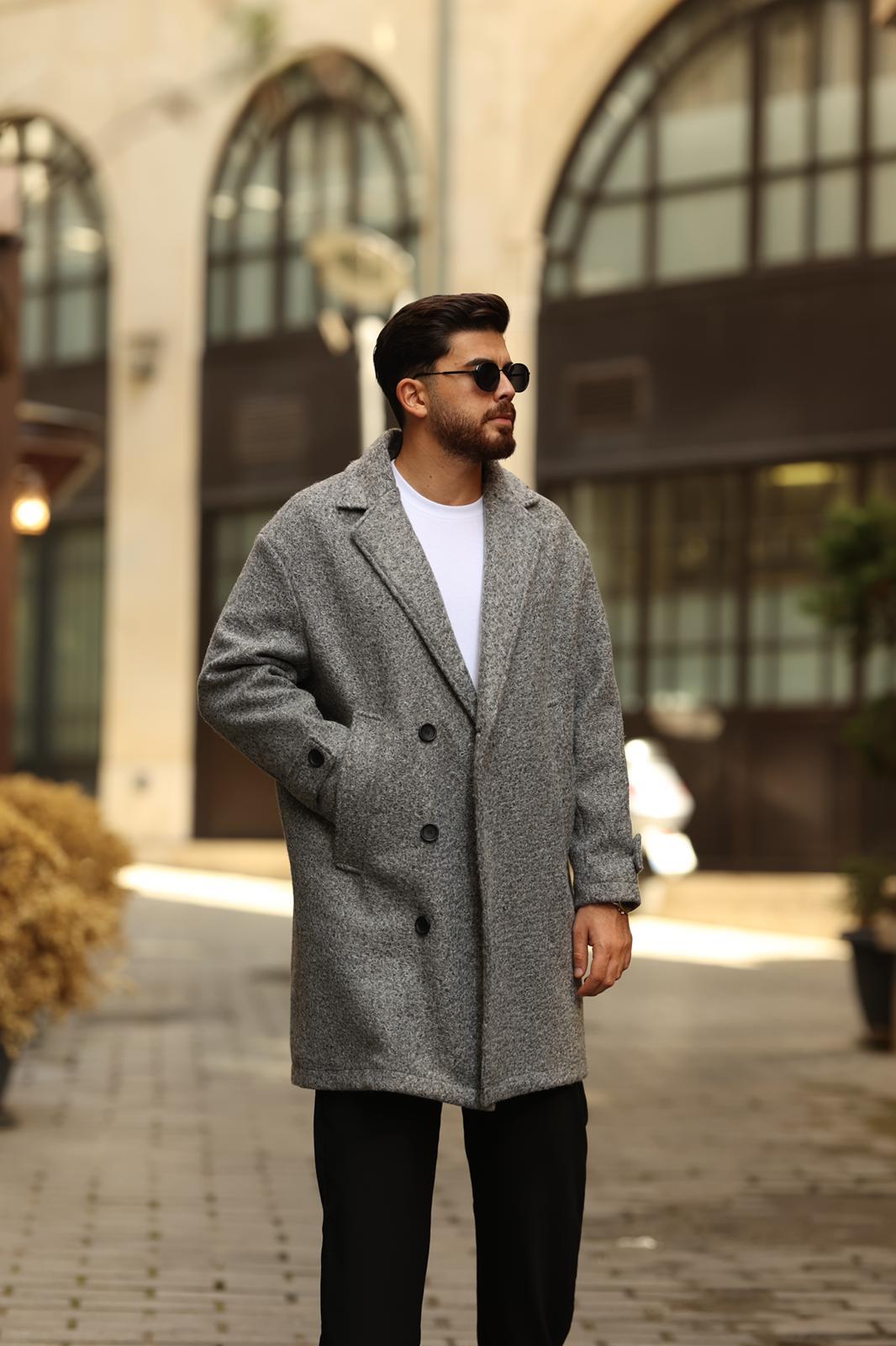 Gri Kırçıllı Oversize Kaşe Kaban