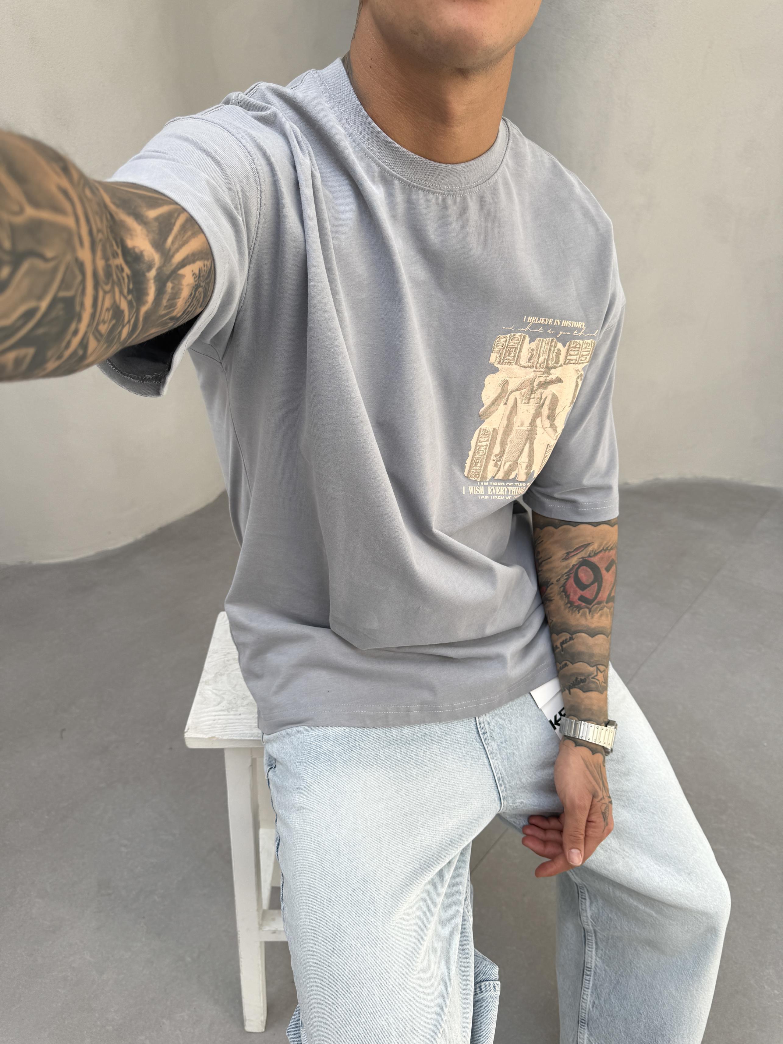 Gri Oversize Baskılı T-Shirt
