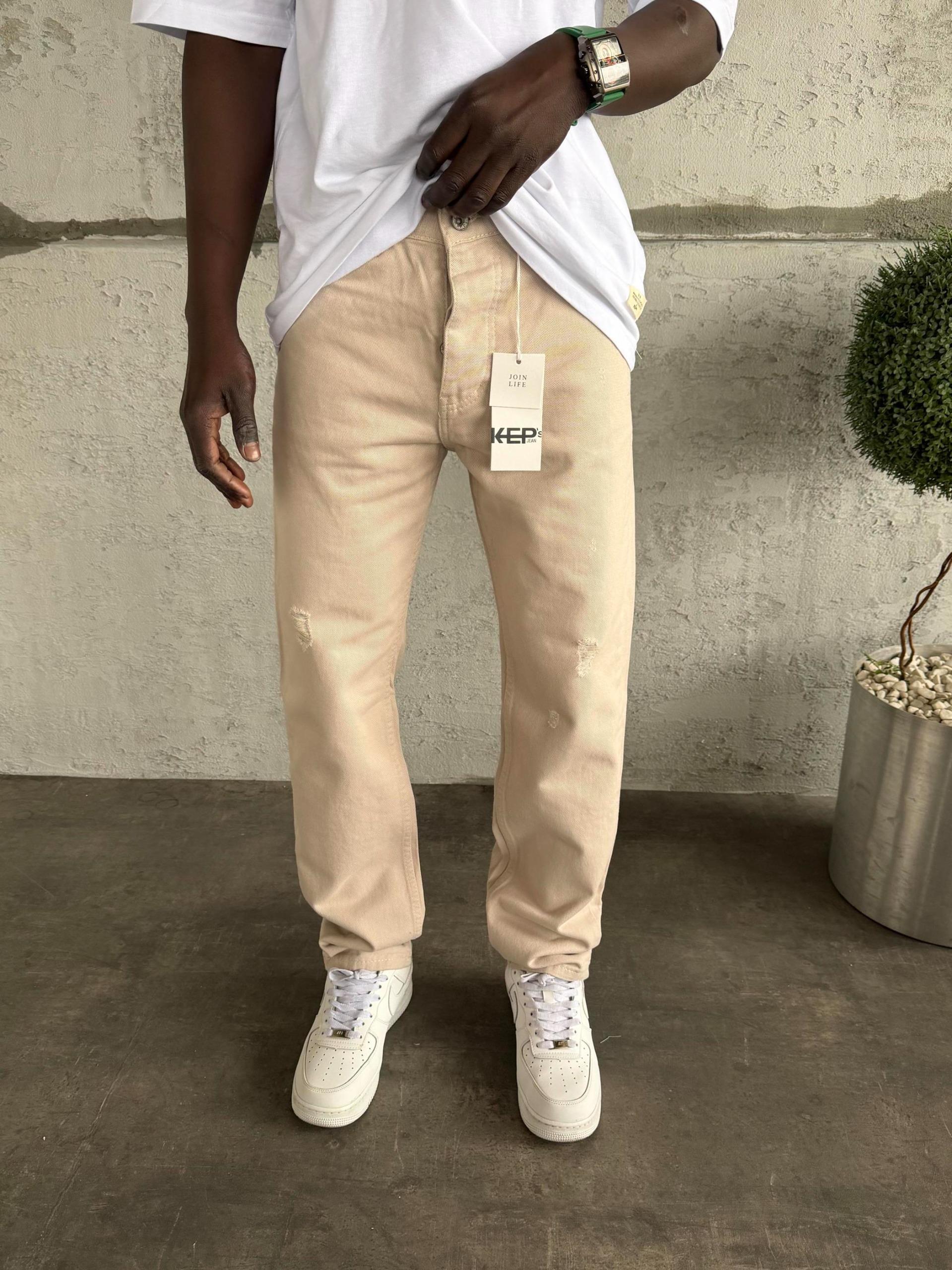 Gri Yırtık Detaylı Baggy Jean