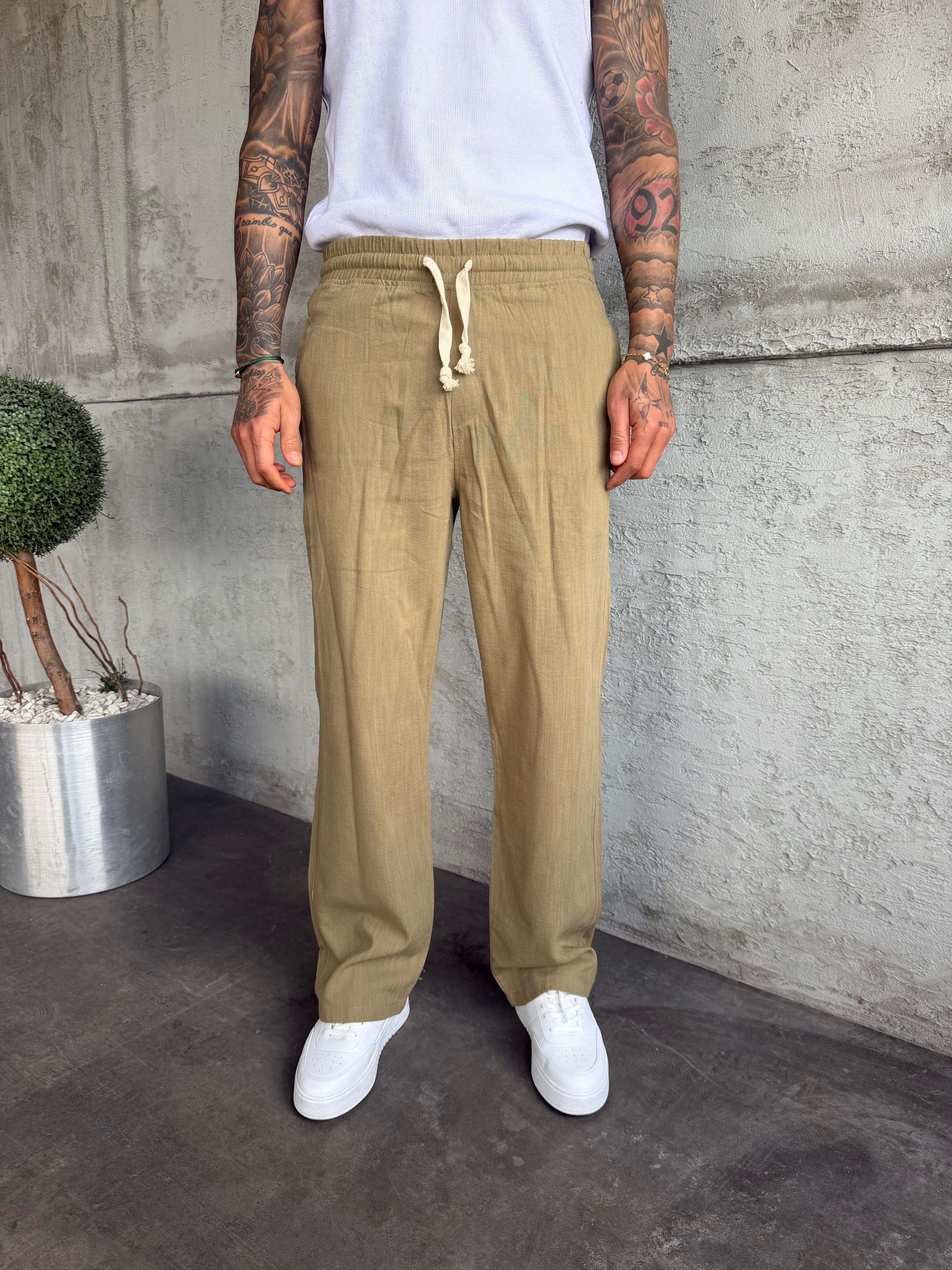 Haki Keten Baggy Pantolon
