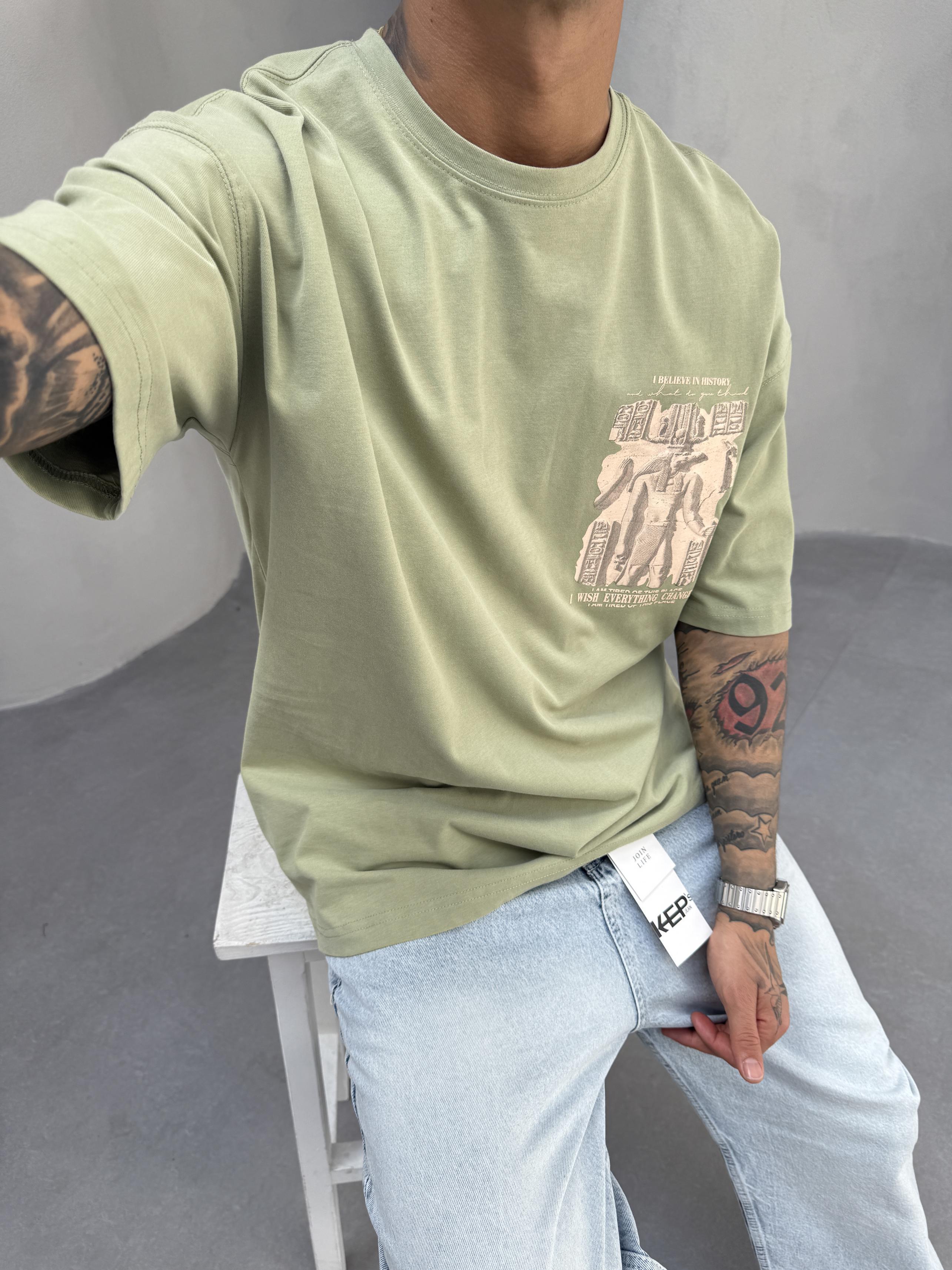Haki Oversize Baskılı T-Shirt