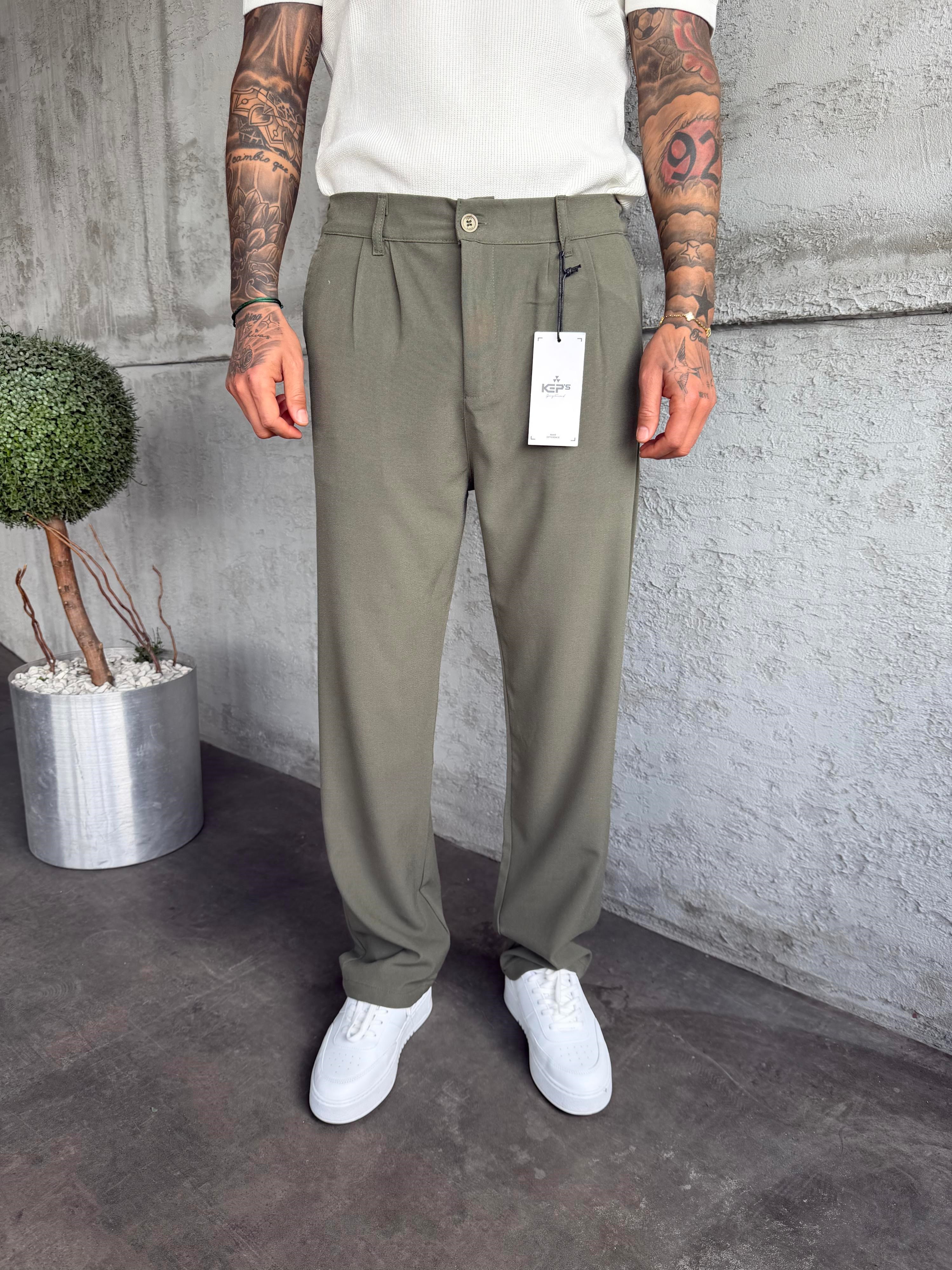 Haki Pileli Baggy Kumaş Pantolon