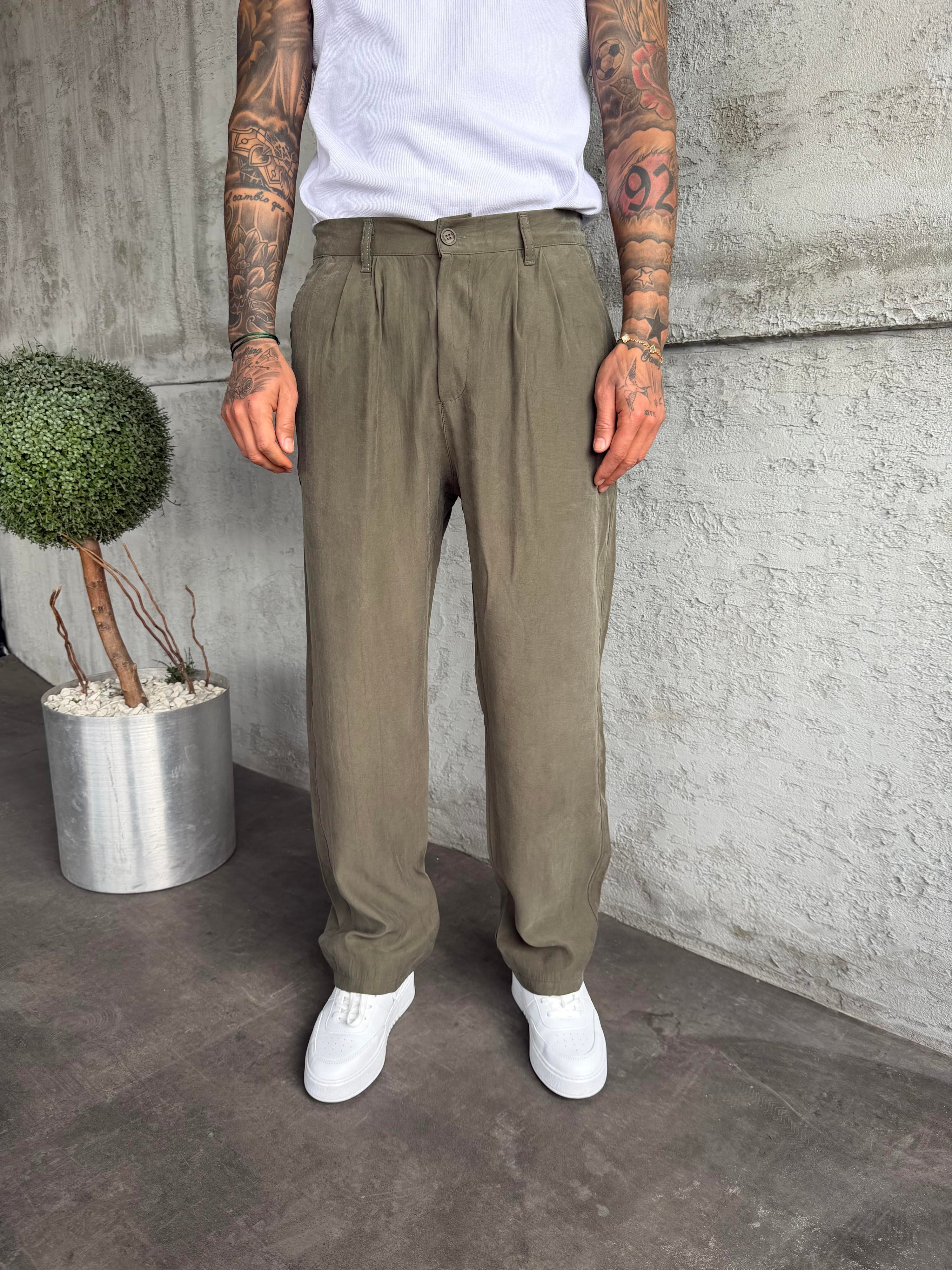 Haki Pileli Modal Kumaş Baggy Pantolon