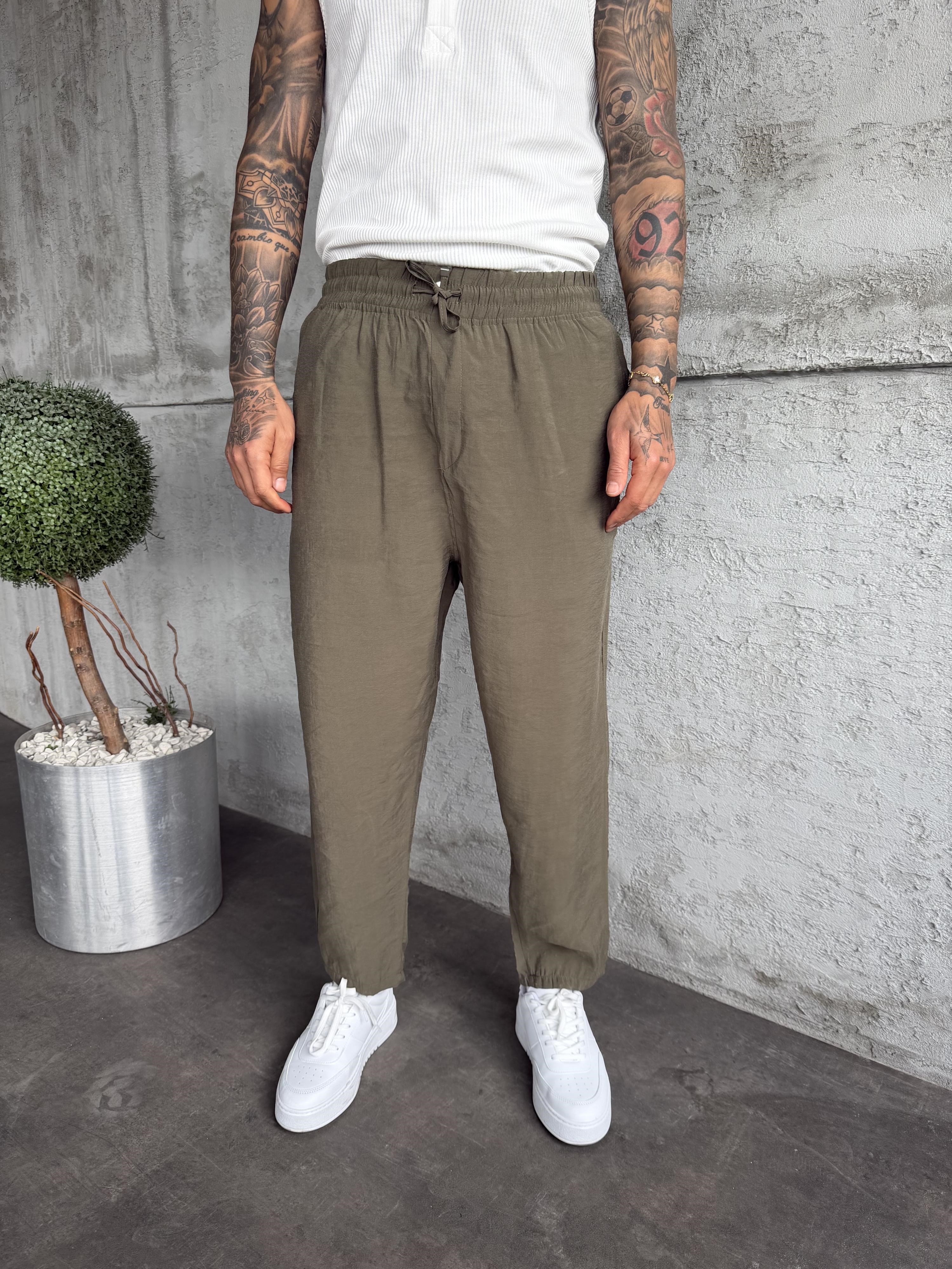 Haki Tensel Kumaş Boyfriend Pantolon