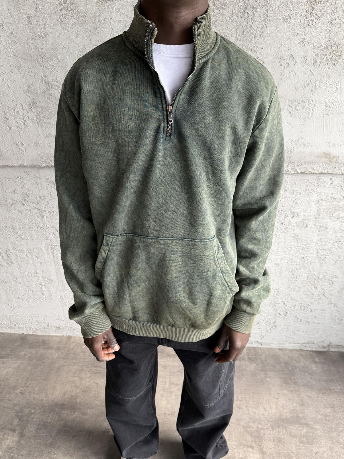Haki Yıkamalı Fermuarlı Sweatshirt