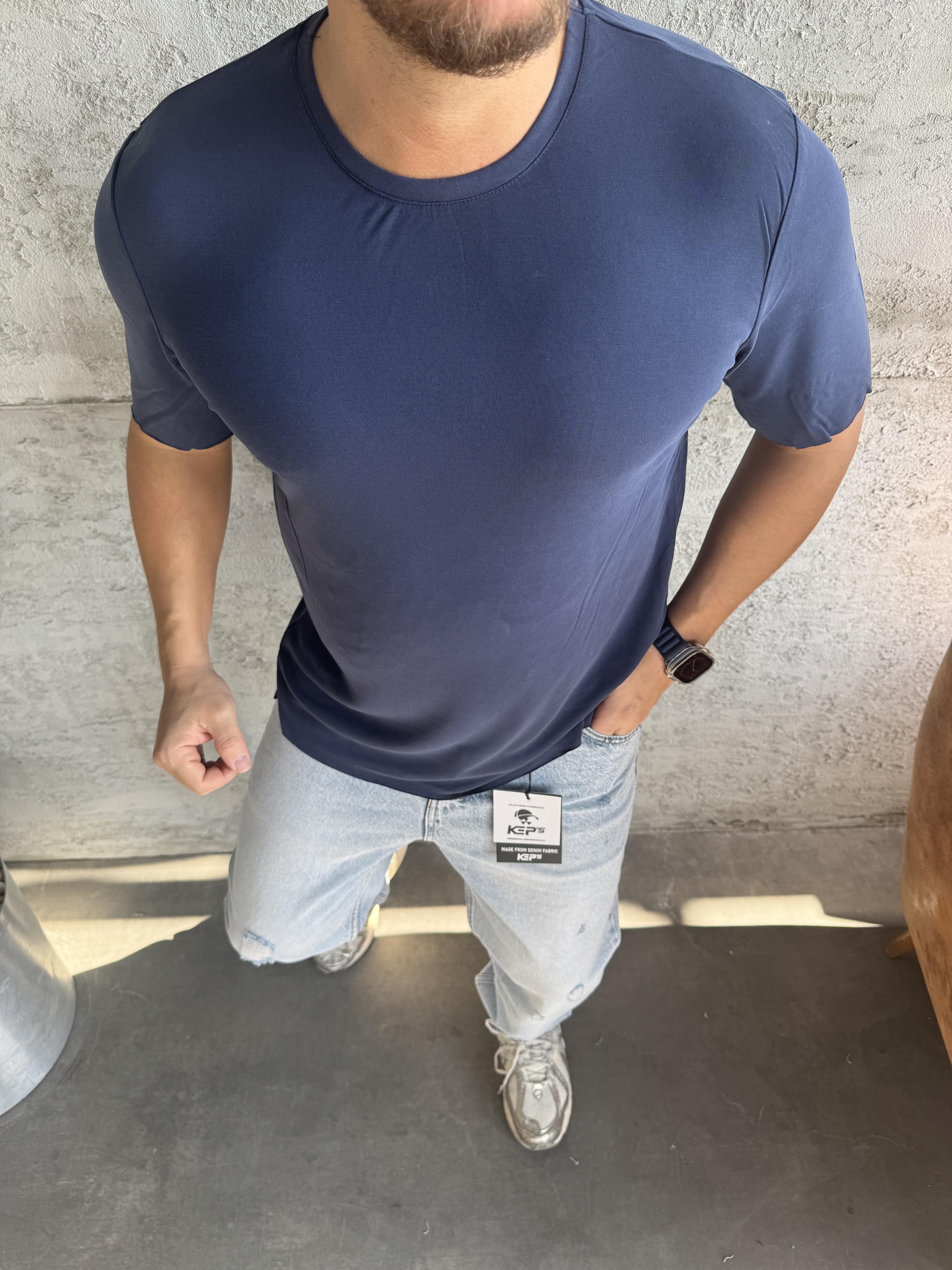 İndigo Fırçalı Tensel Kumaş Basic T-Shirt