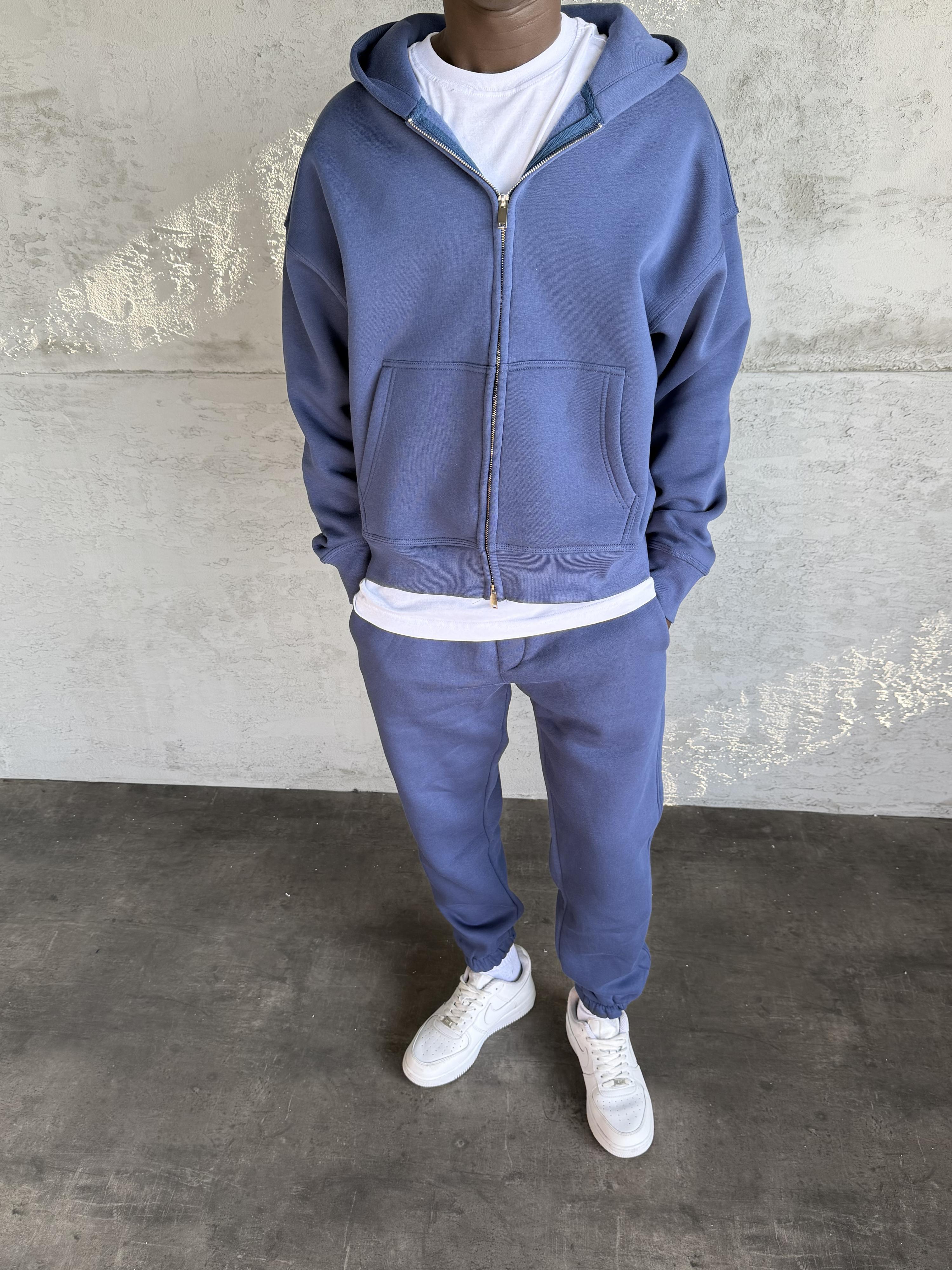 İndigo Kapüşonlu Fermuarlı Sweatshirt