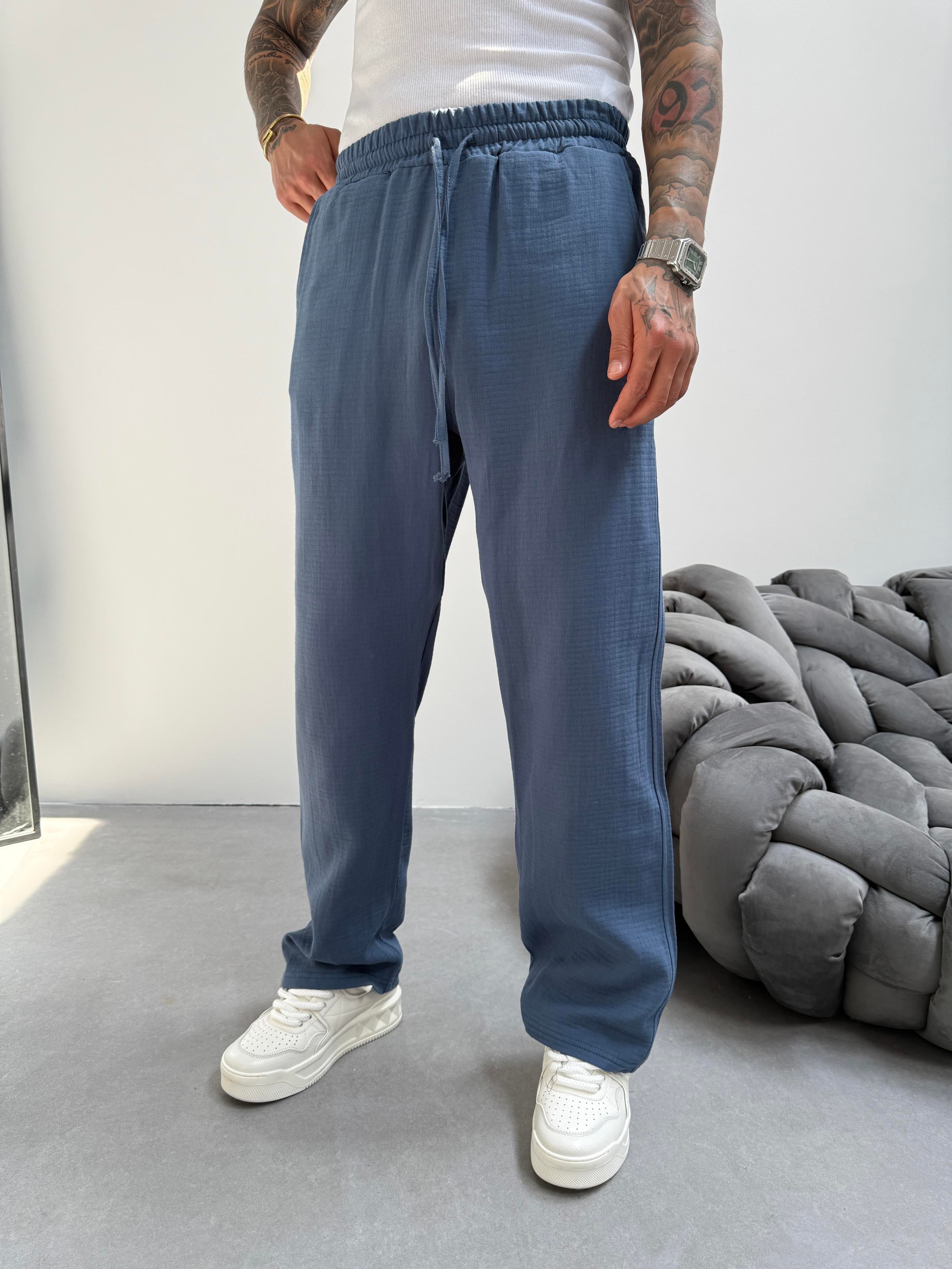 İndigo Müslin Kumaş Baggy Pantolon