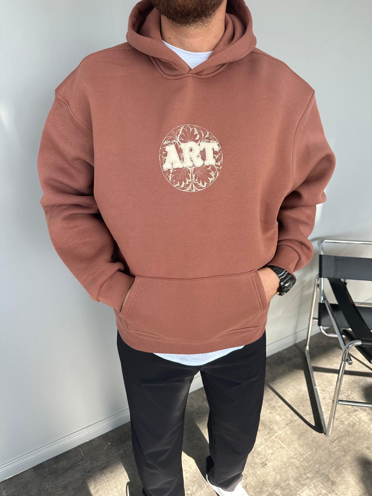 Kahve Baskılı Kapüşonlu Sweatshirt