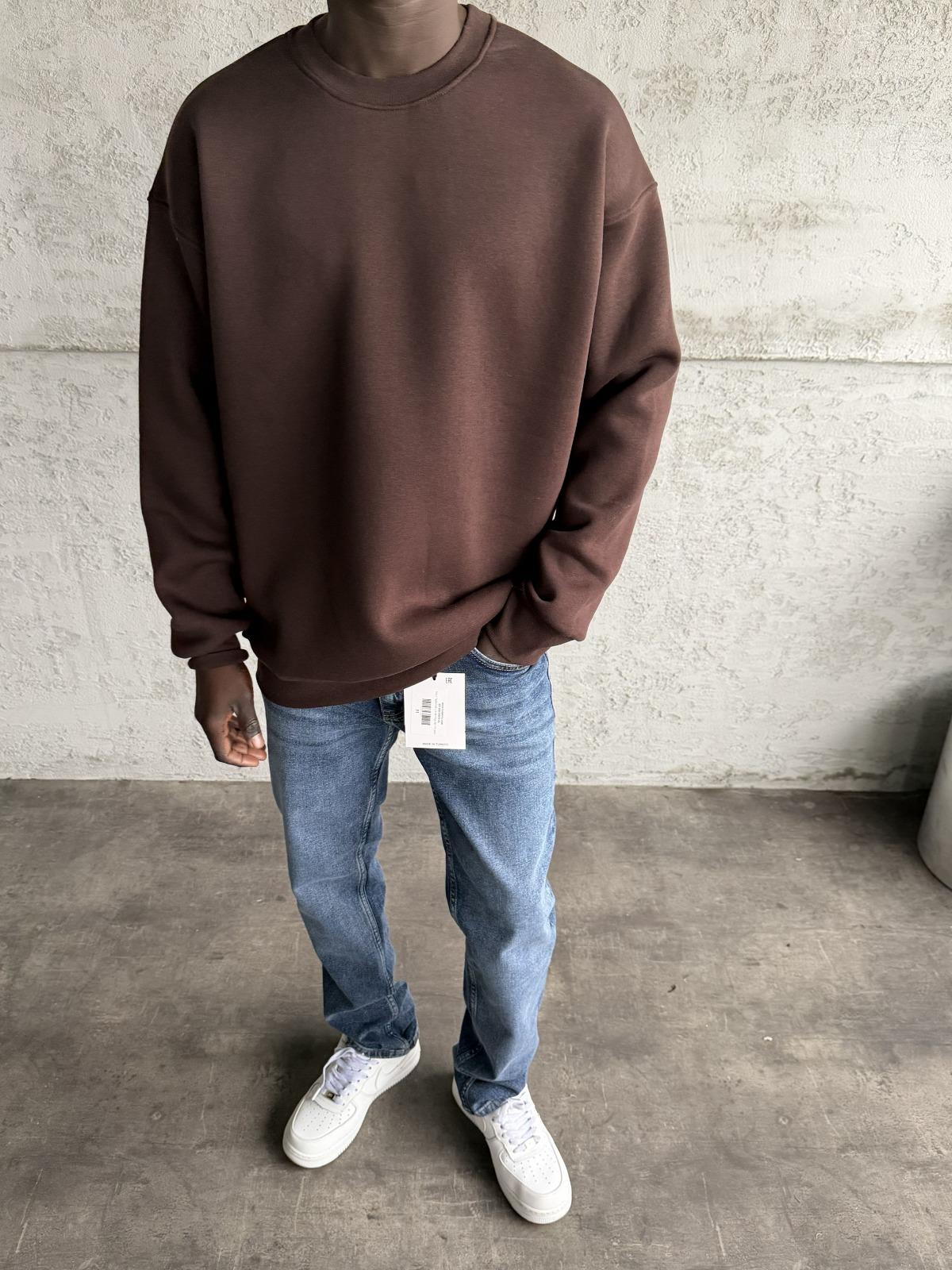 Kahve Bisiklet Yaka Basic Sweatshirt
