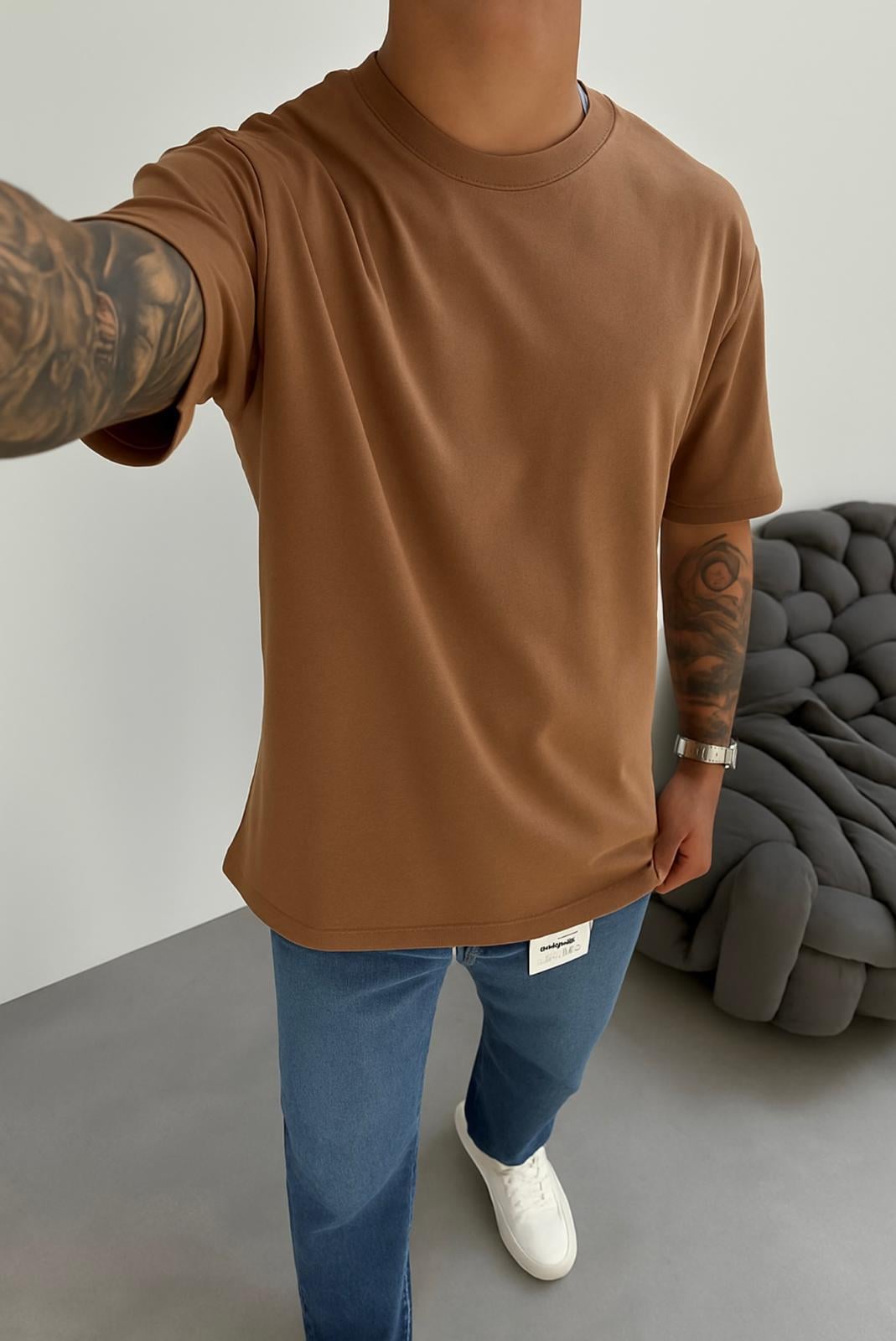 Kahve Fırçalı Kumaş Oversize T-Shirt