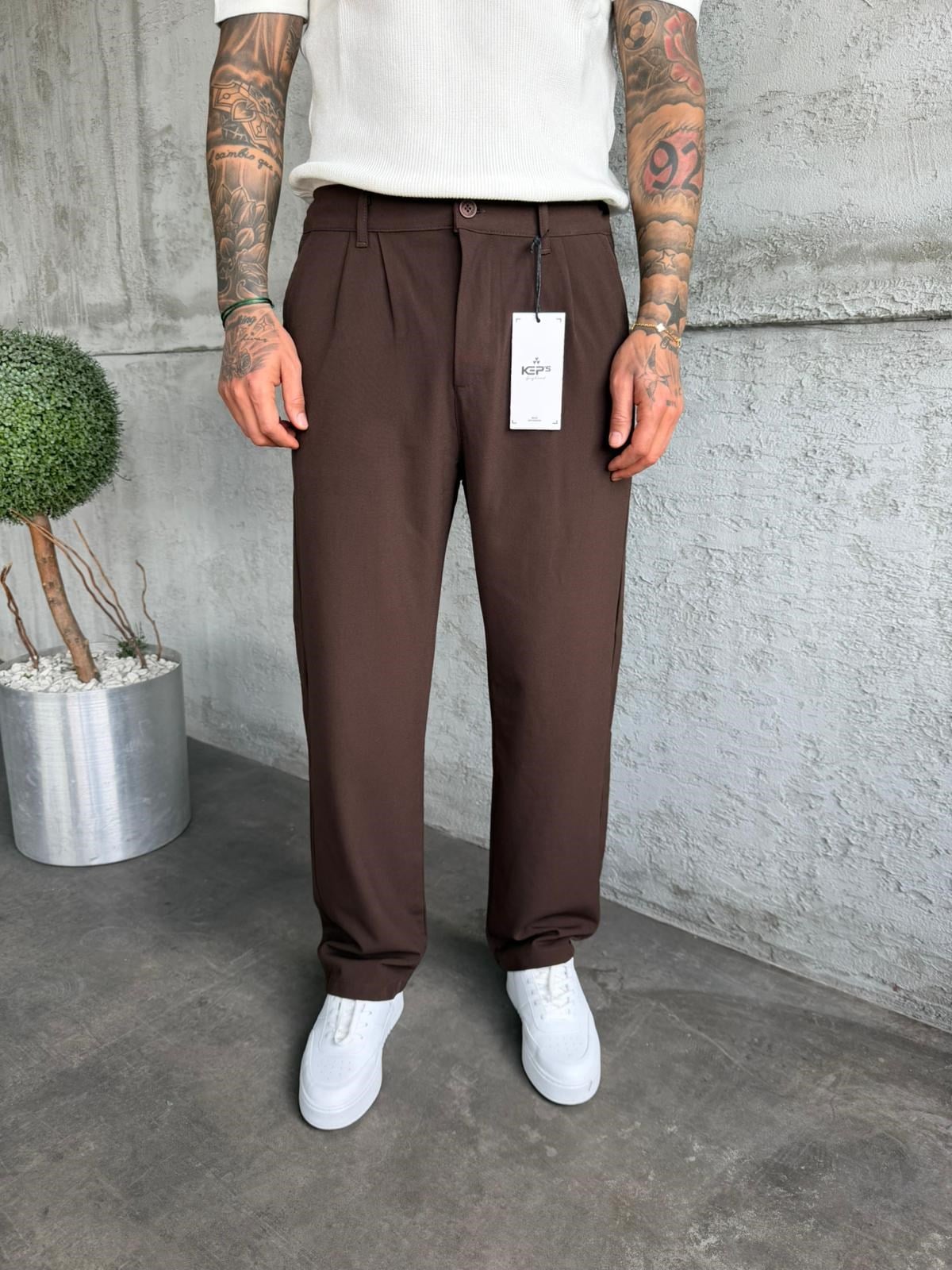 Kahve Pileli Baggy Kumaş Pantolon