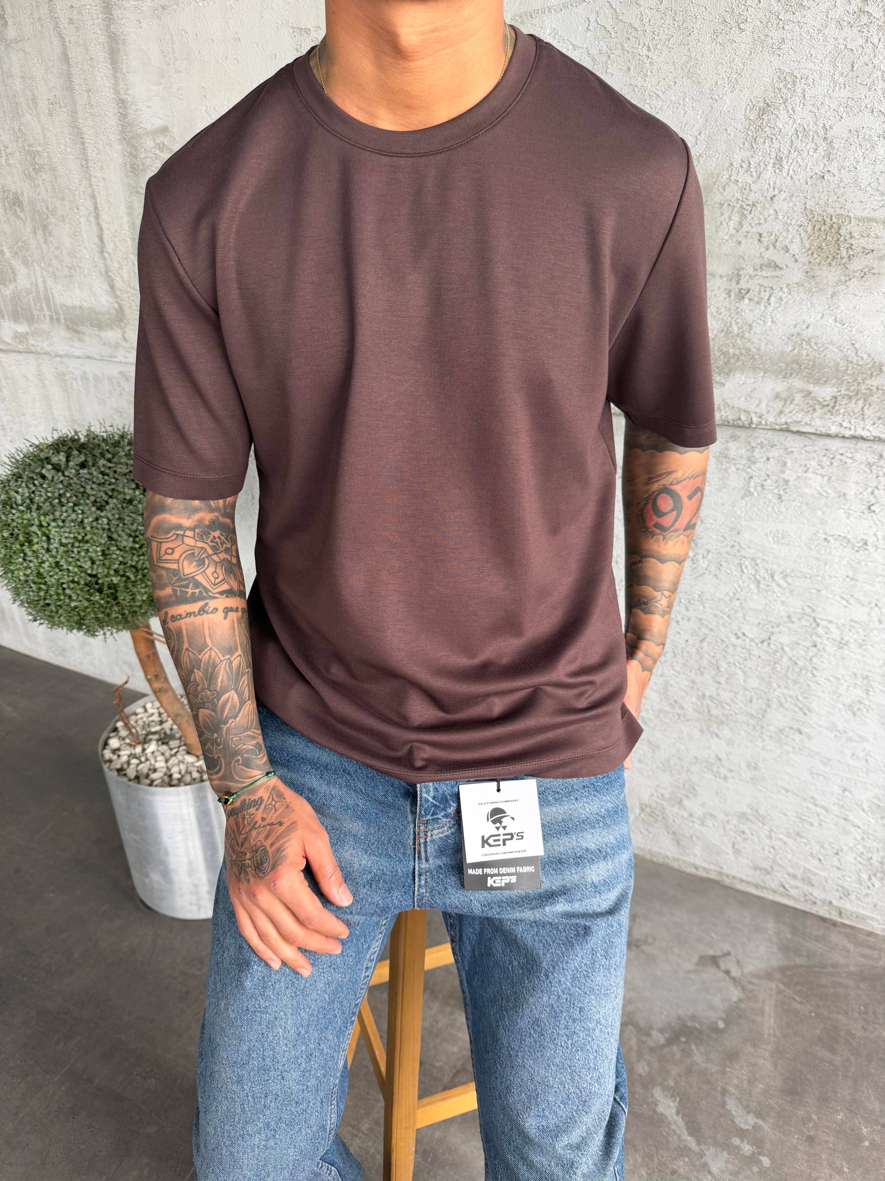 Kahve Premium Kumaş Basic T-Shirt
