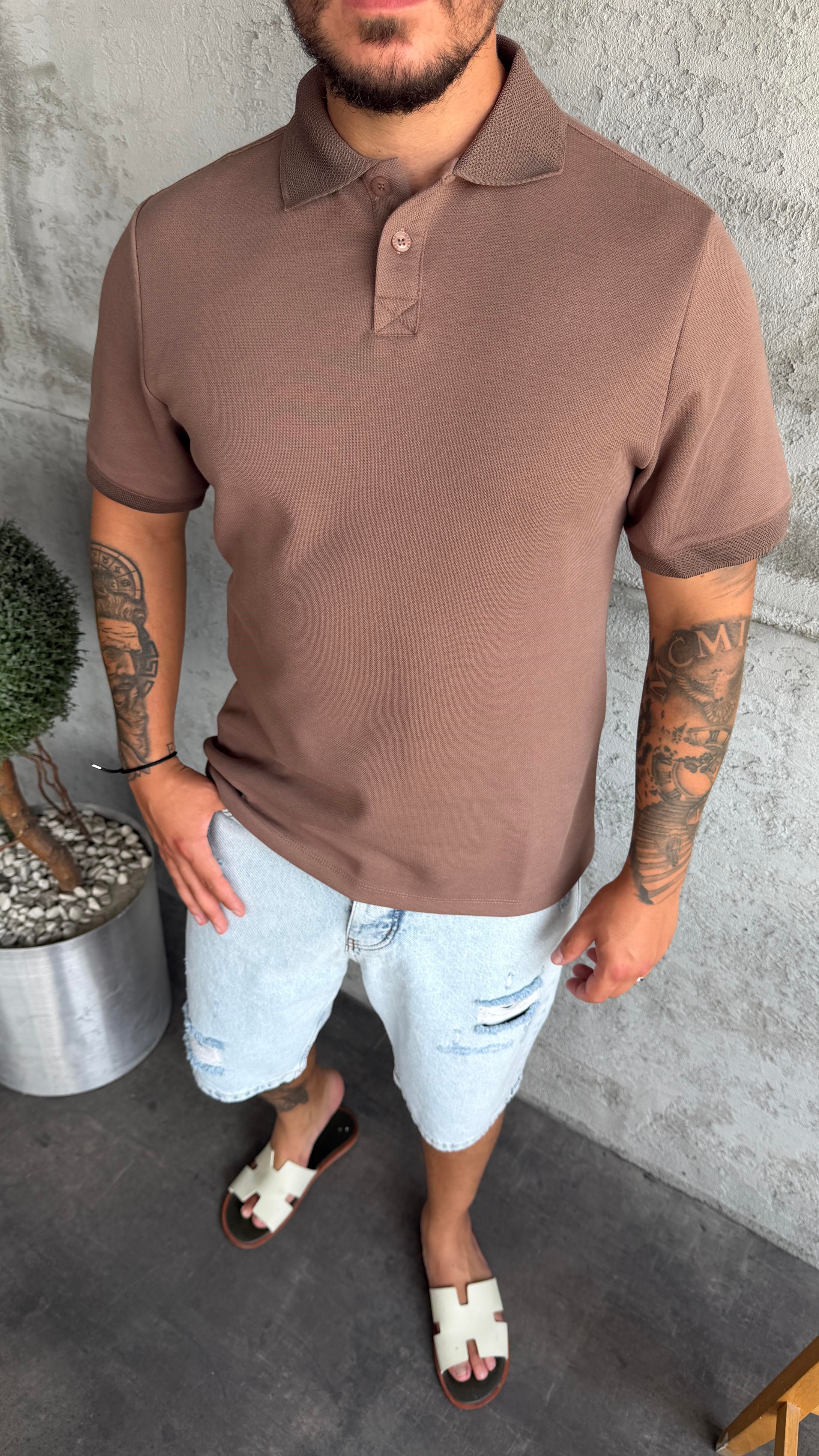 Kahverengi Pike Kumaş Polo Yaka T-Shirt