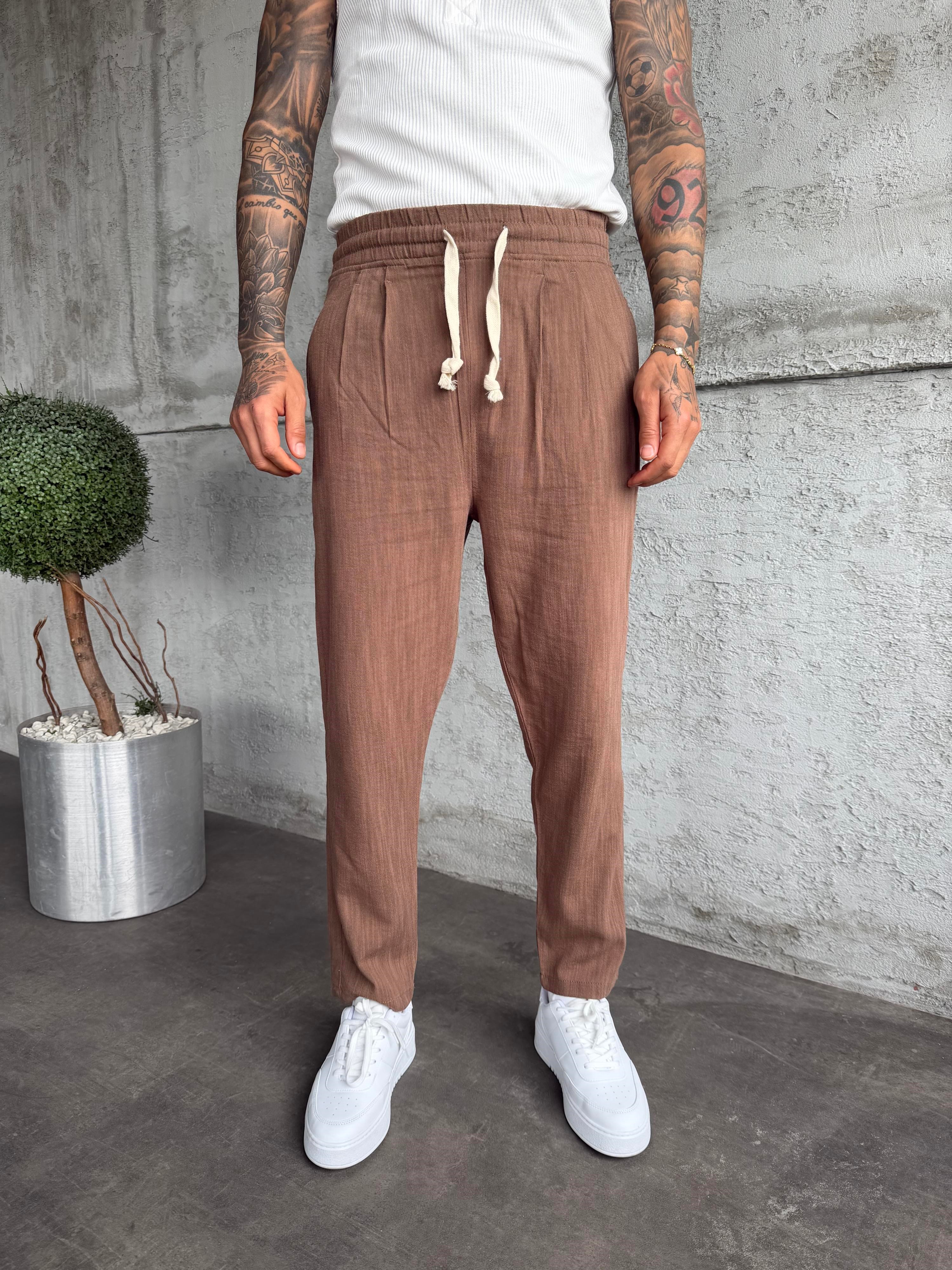 Kahverengi Pileli Boyfriend Keten Pantolon