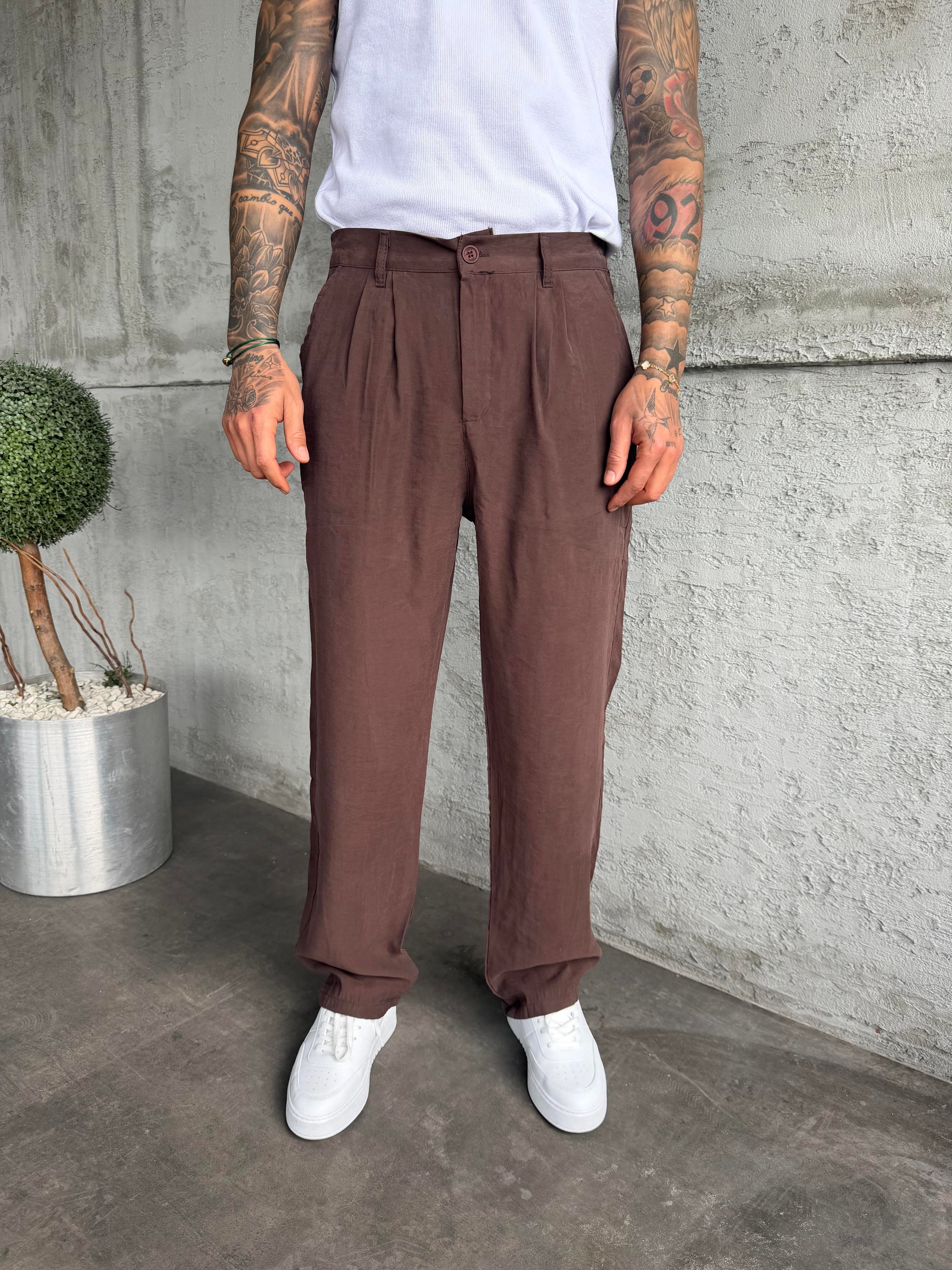 Kahverengi Pileli Modal Kumaş Baggy Pantolon