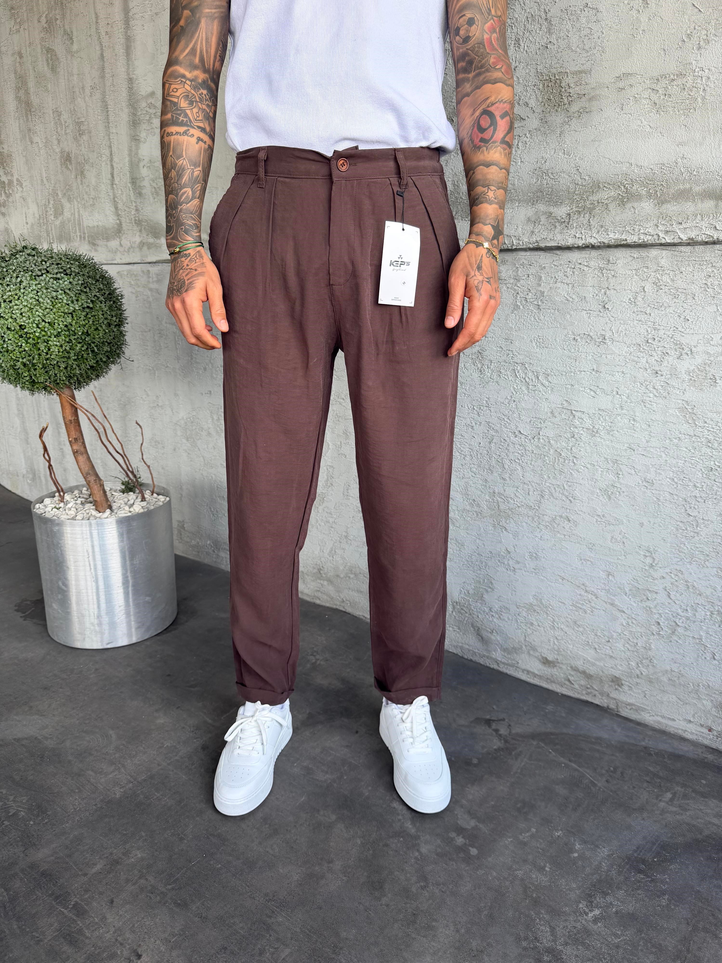 Kahverengi Pileli Modal Kumaş Boyfriend Pantolon