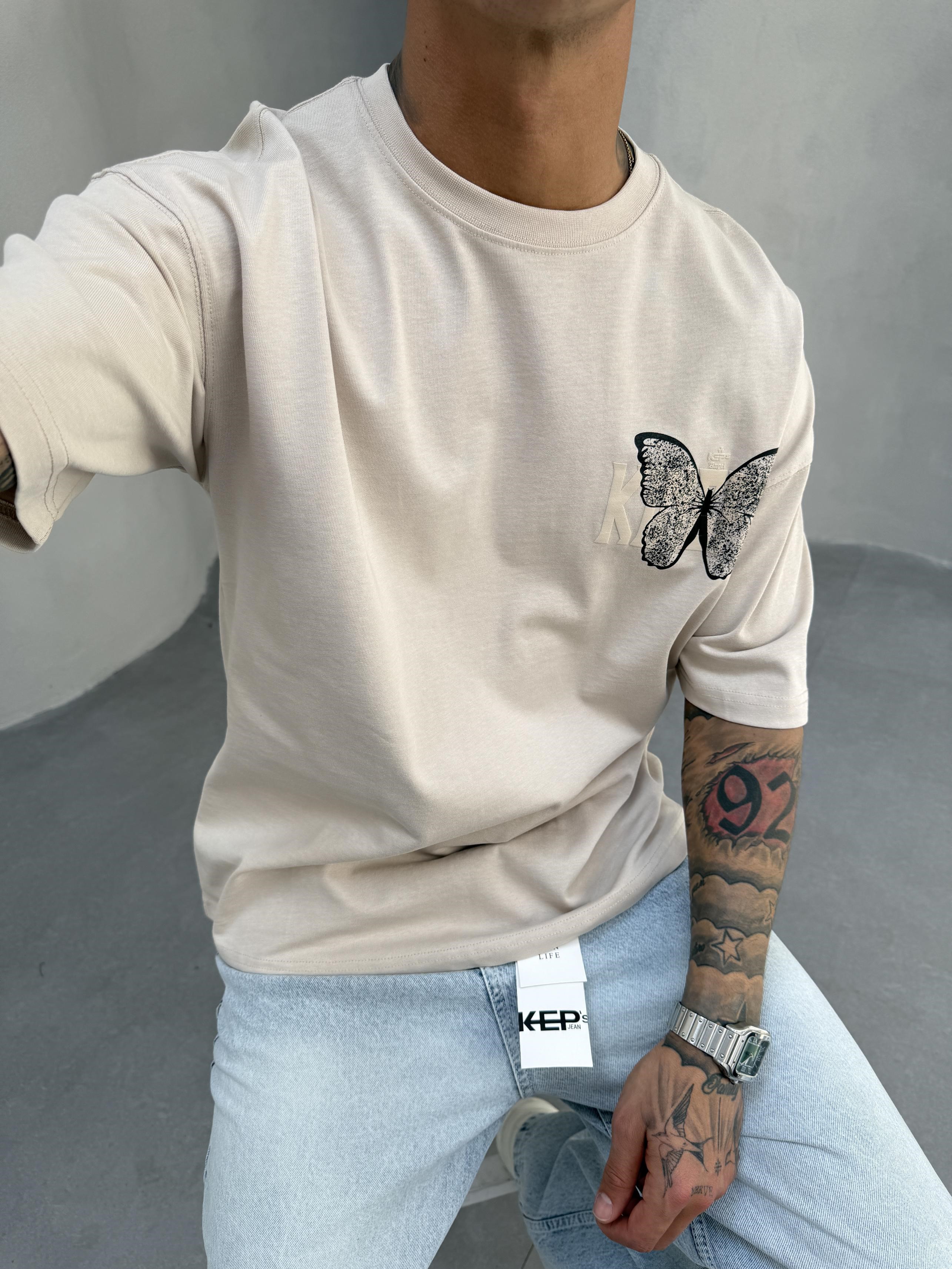 Kelebek Baskılı Krem Oversize T-Shirt