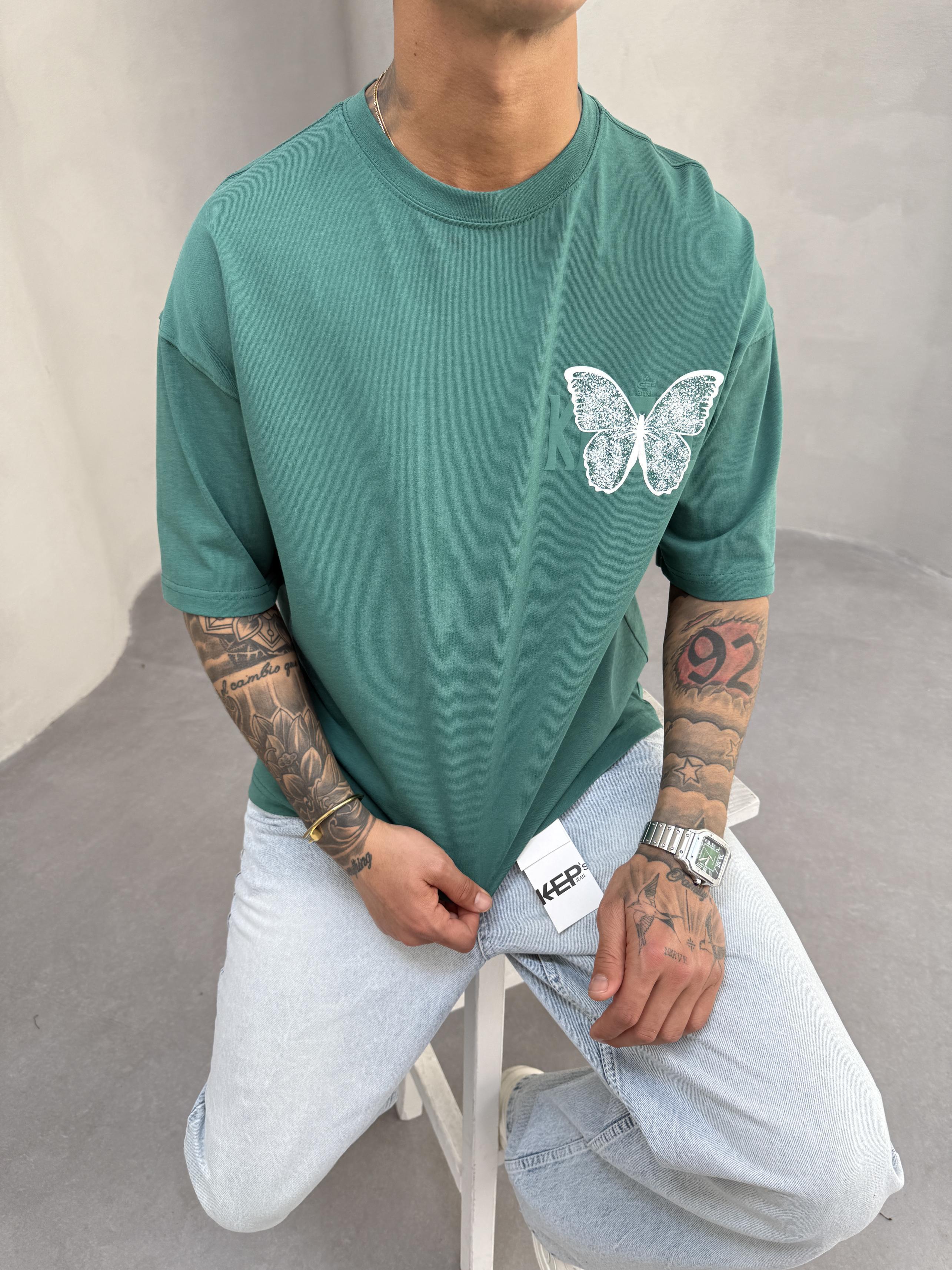 Kelebek Baskılı Yeşil Oversize T-Shirt