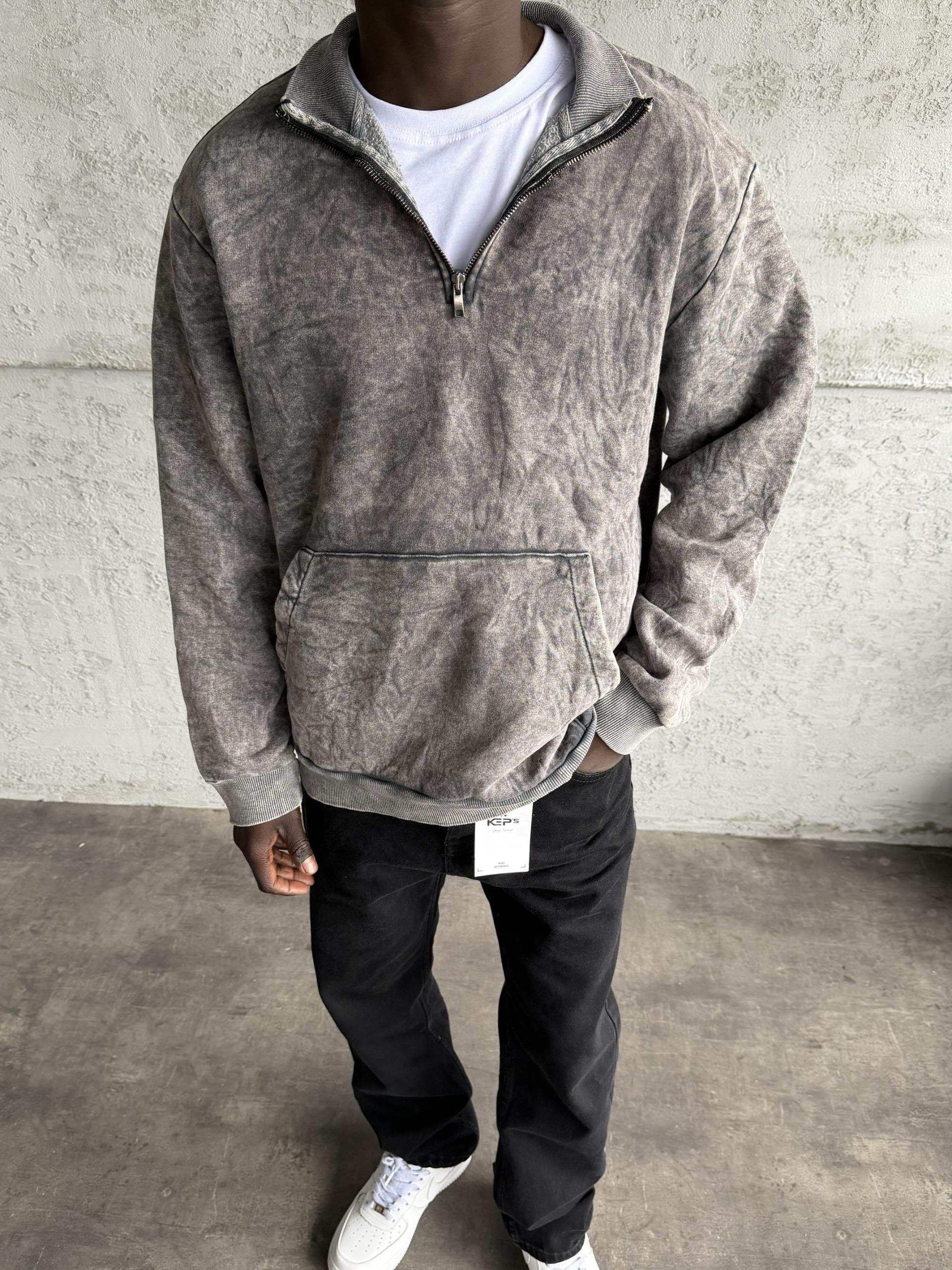 Koyu Gri Yıkamalı Fermuarlı Sweatshirt