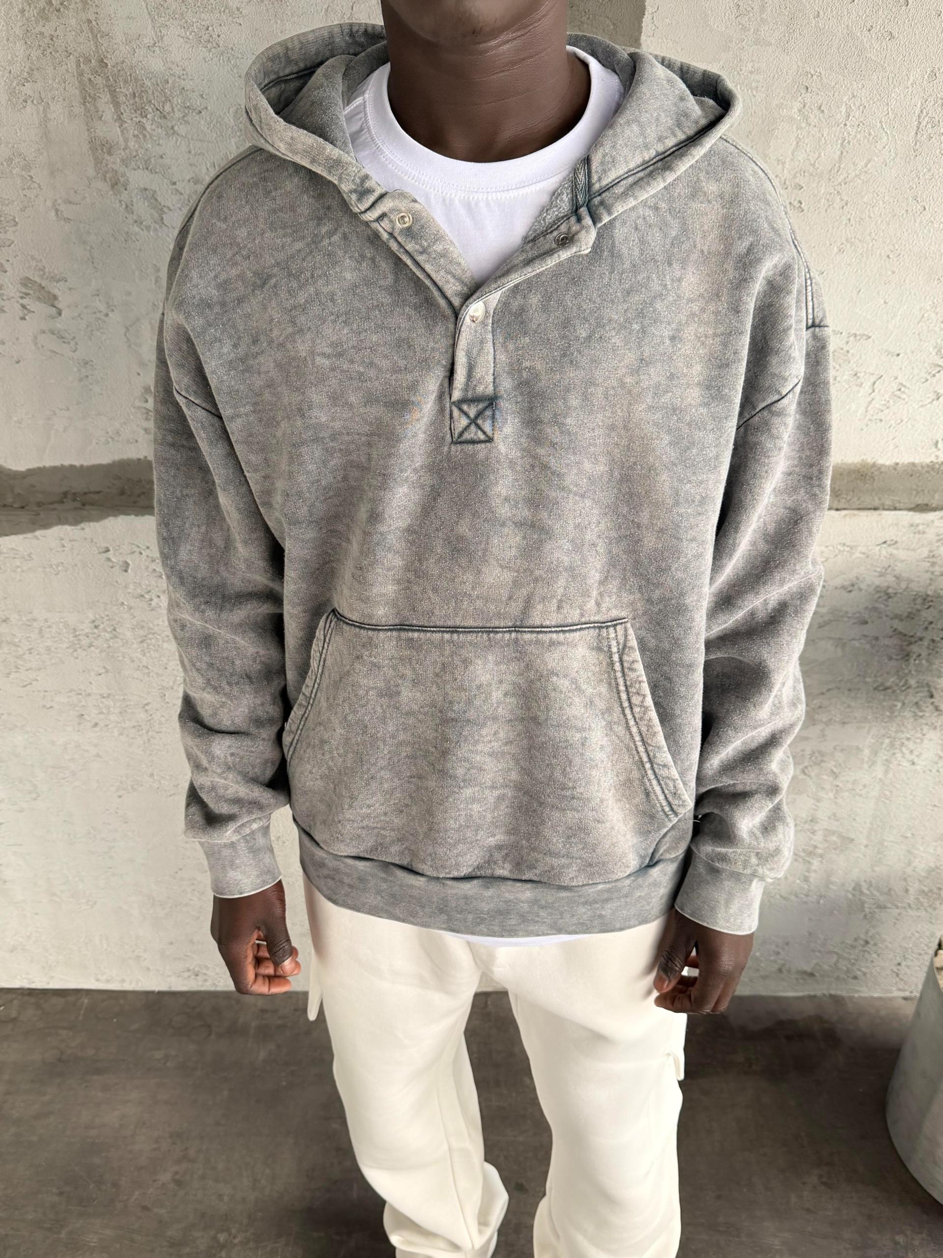 Koyu Gri Yıkamalı Kapüşonlü Sweatshirt