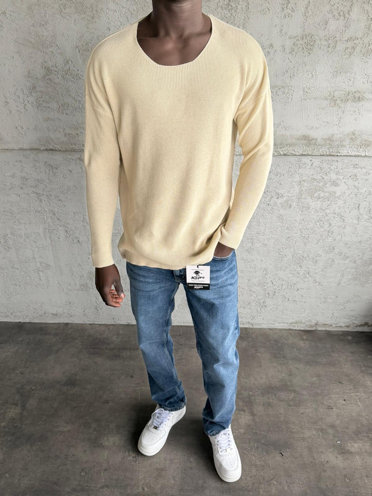 Krem Açık Yaka Oversize Triko