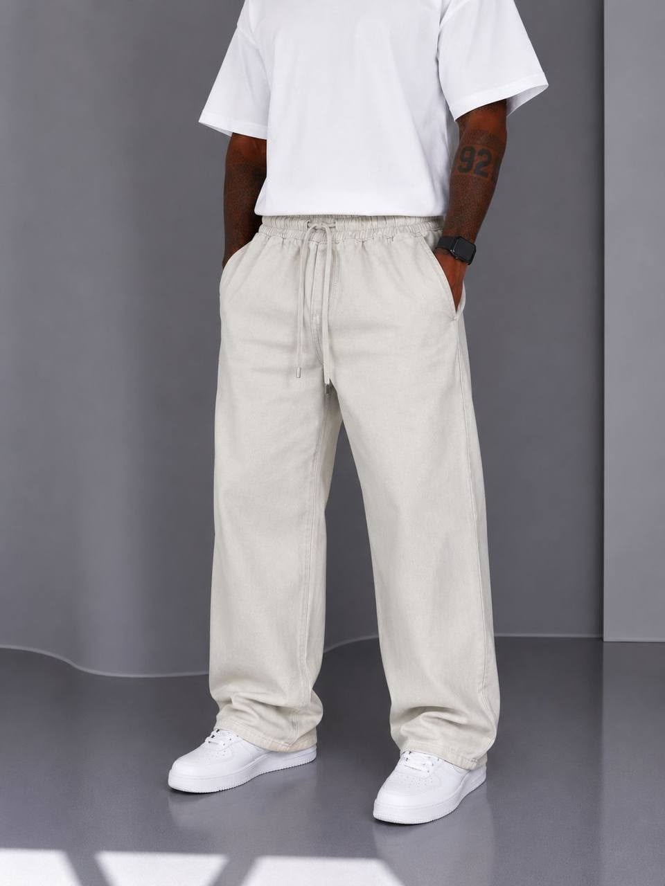 Krem Gabardin Kumaş Baggy Pantolon