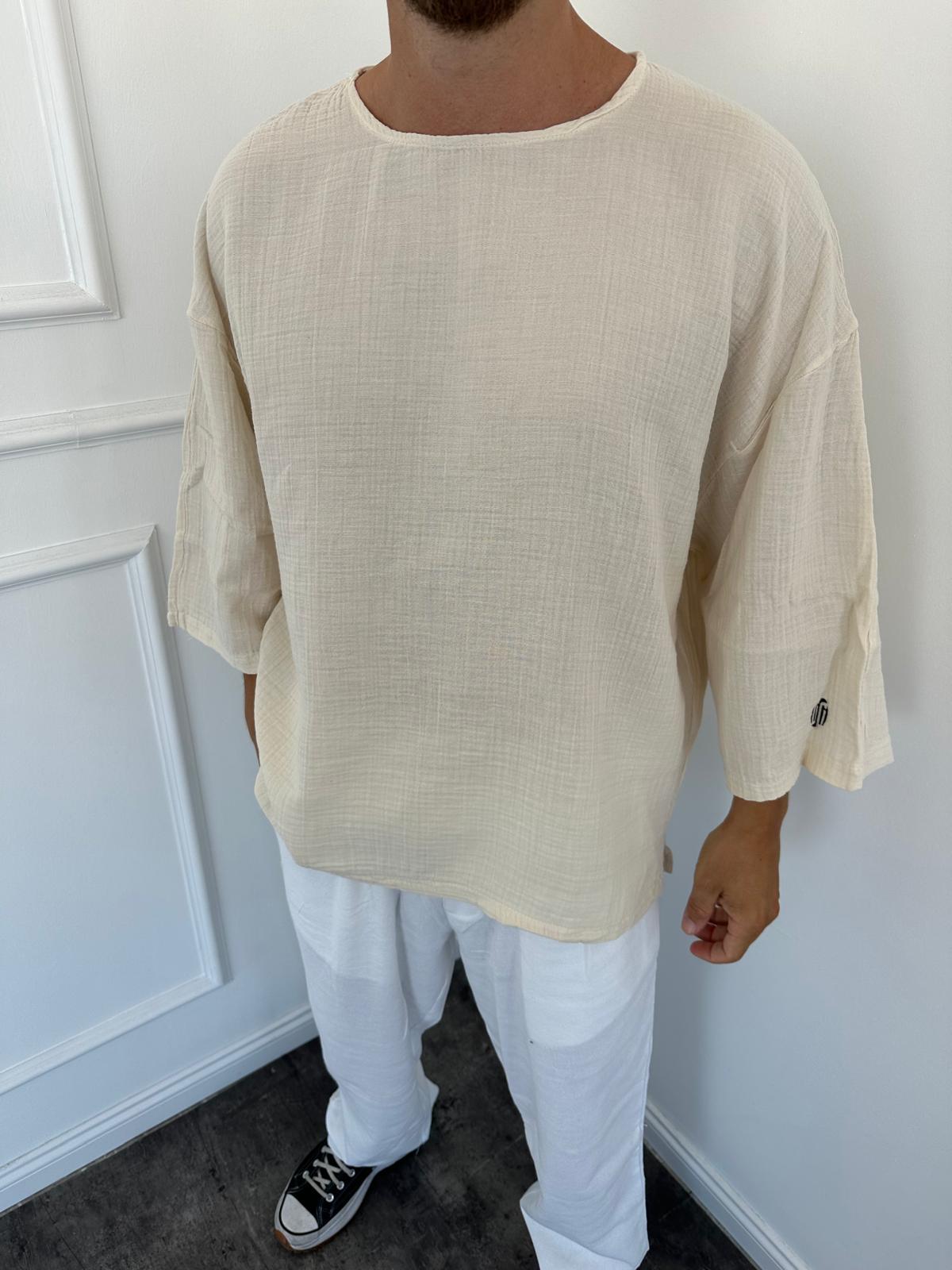 Krem Müslin Kumaş Yarım Kol T-Shirt