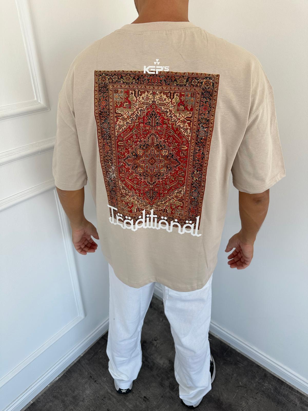 Krem Oversize Baskılı T-Shirt