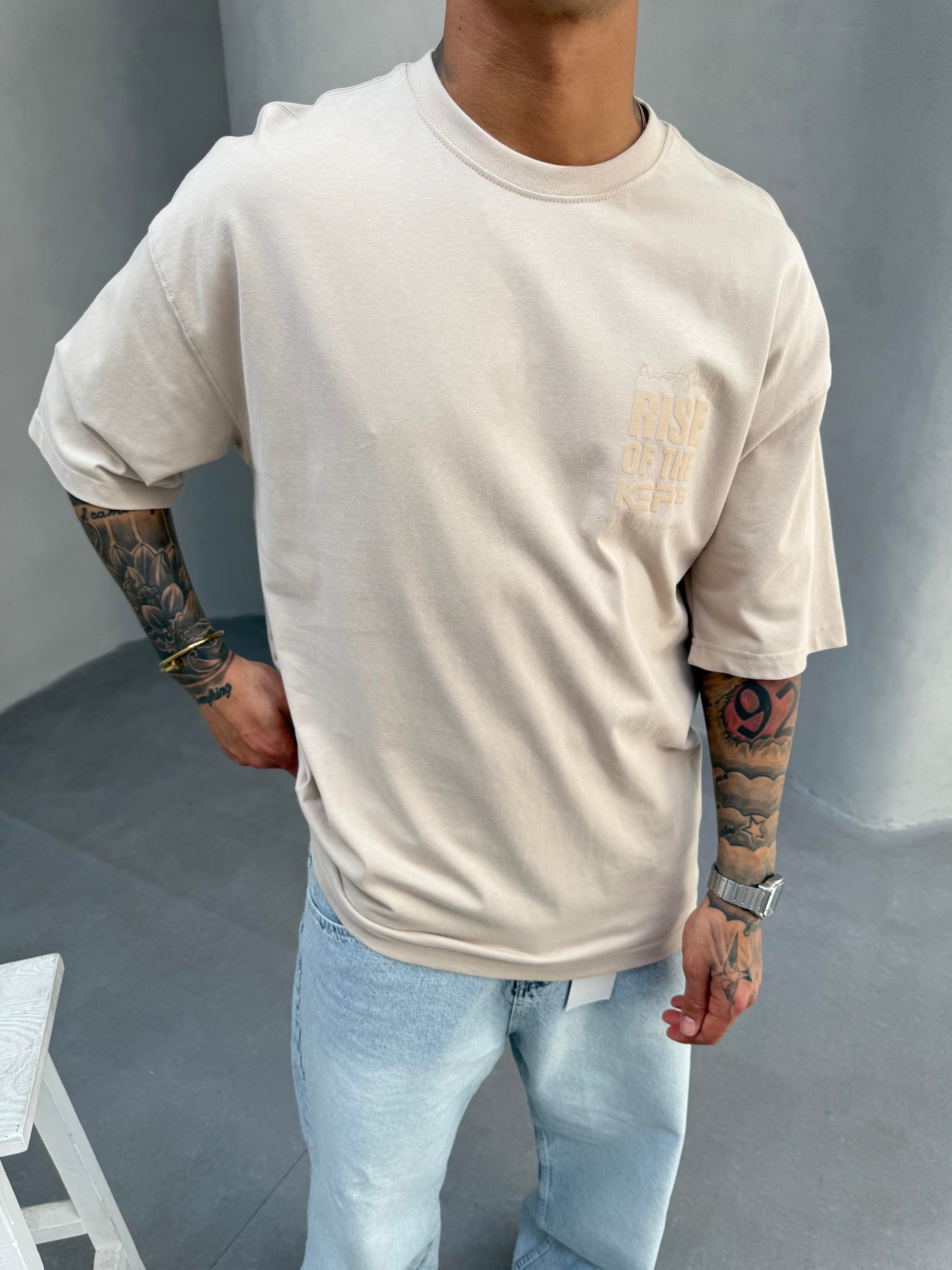 Krem Oversize Baskılı T-Shirt