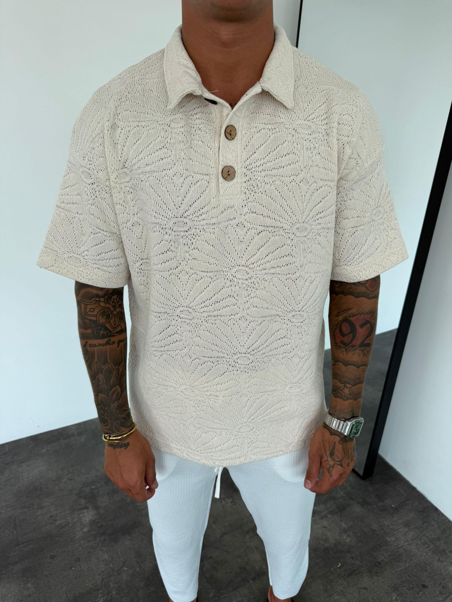 Krem Polo Yaka Örme Triko T-Shirt