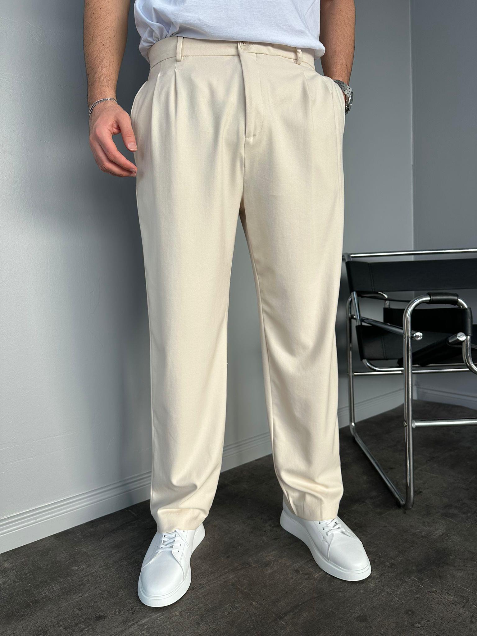 Krem Yüksek Bel Pileli Baggy Kumaş Pantolon