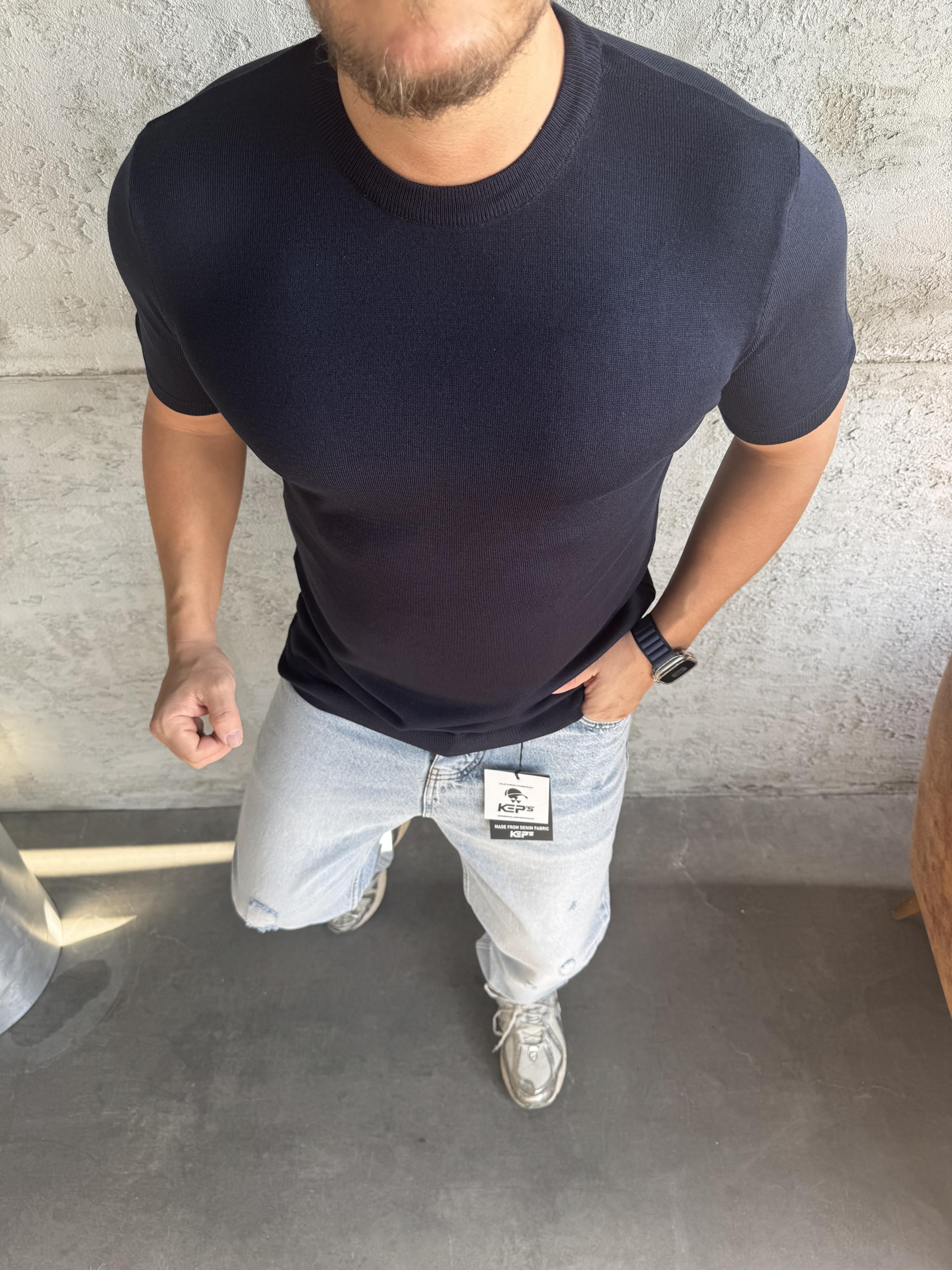 Lacivert Bisiklet Yaka Triko T-Shirt