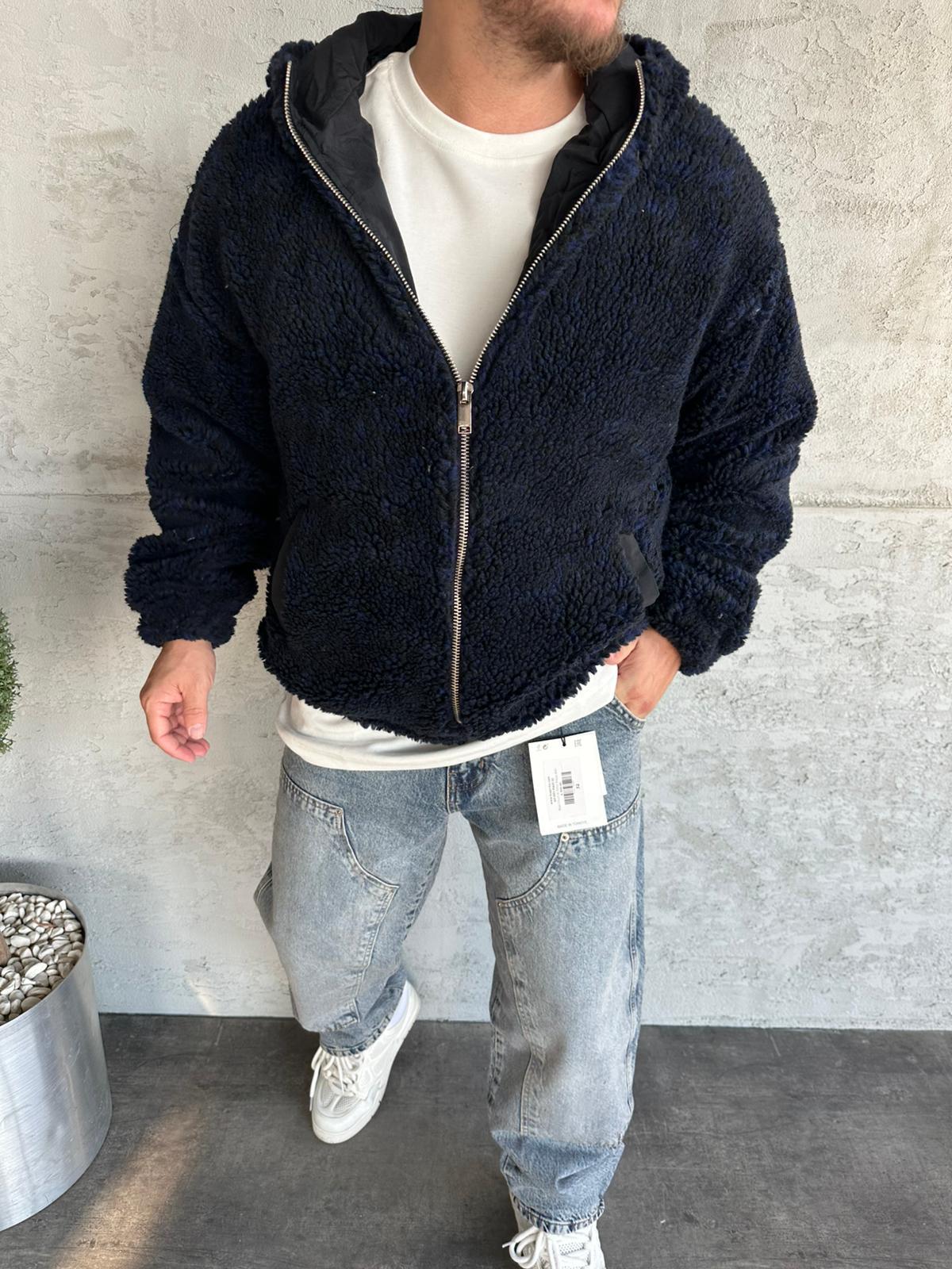 Lacivert Desenli Peluş Mont