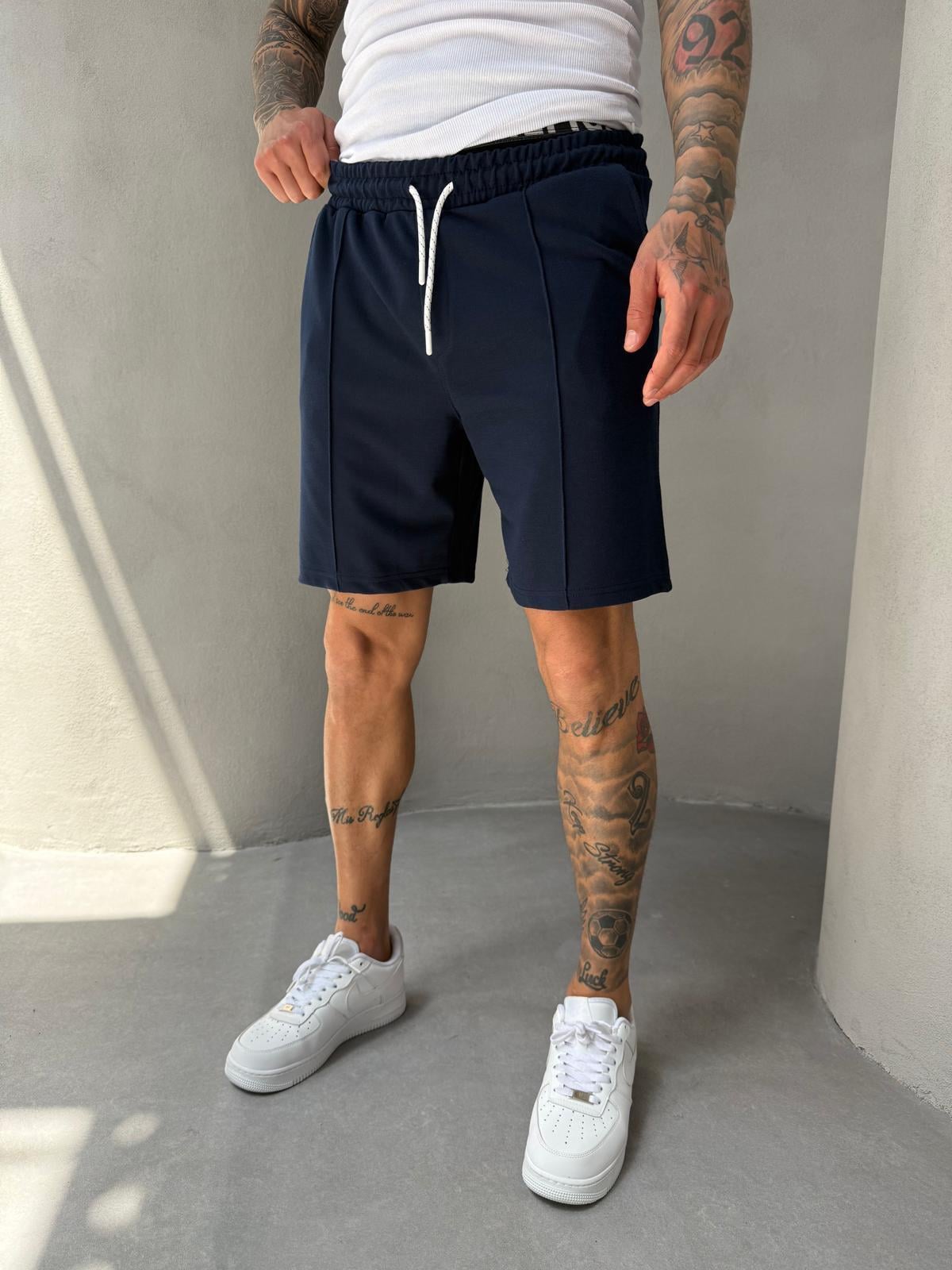 Lacivert Jakarlı Kumaş Şeritli Şort