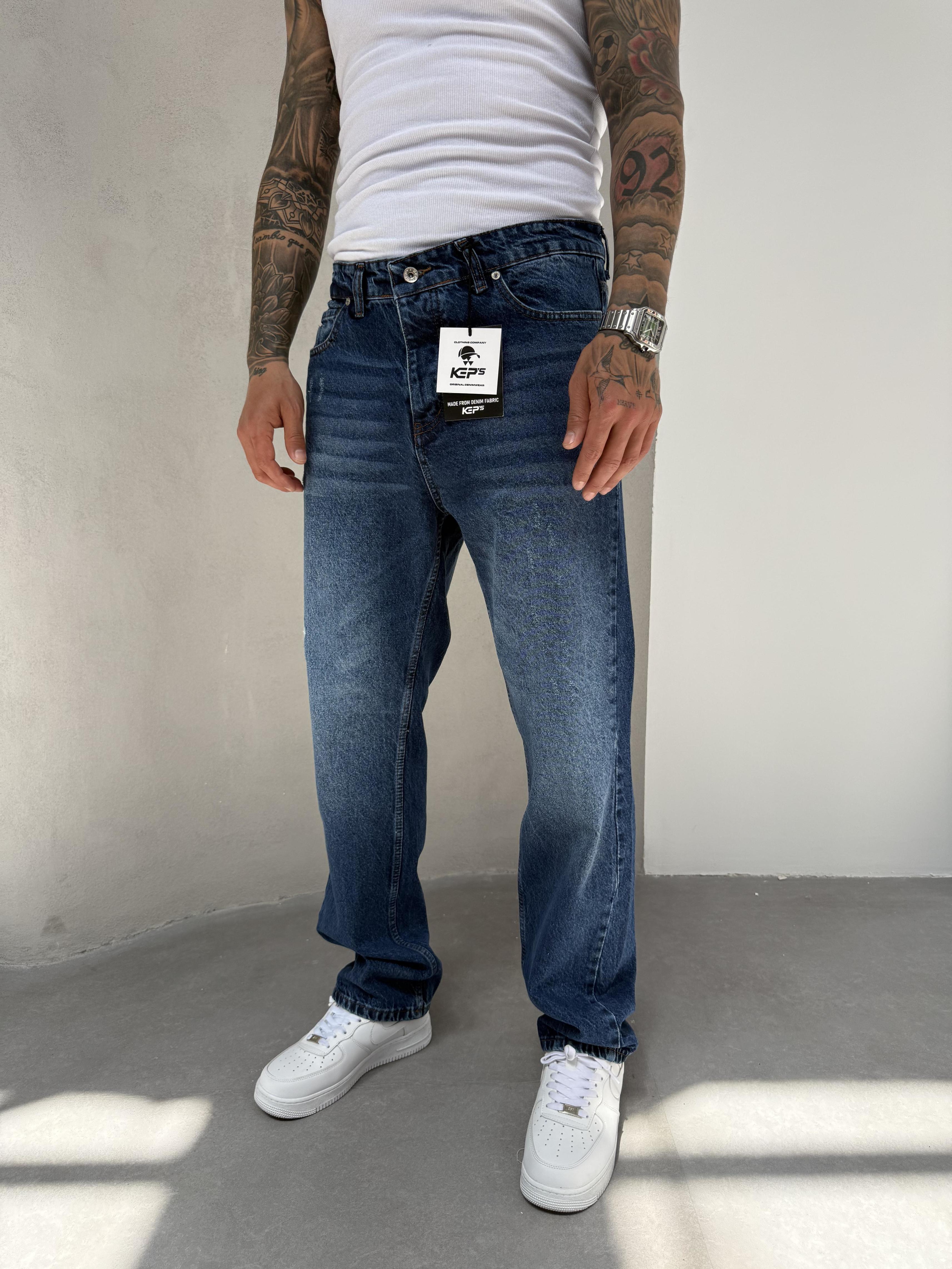 Lacivert Lazerli Baggy Jean