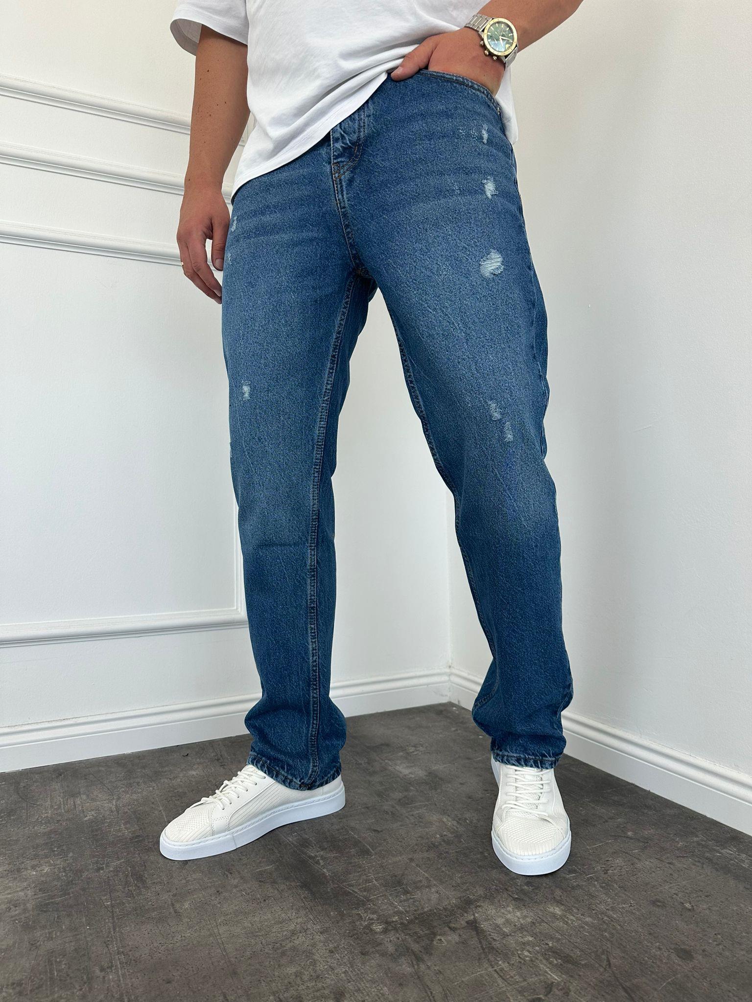 Lacivert Lazerli Detaylı Baggy Jean