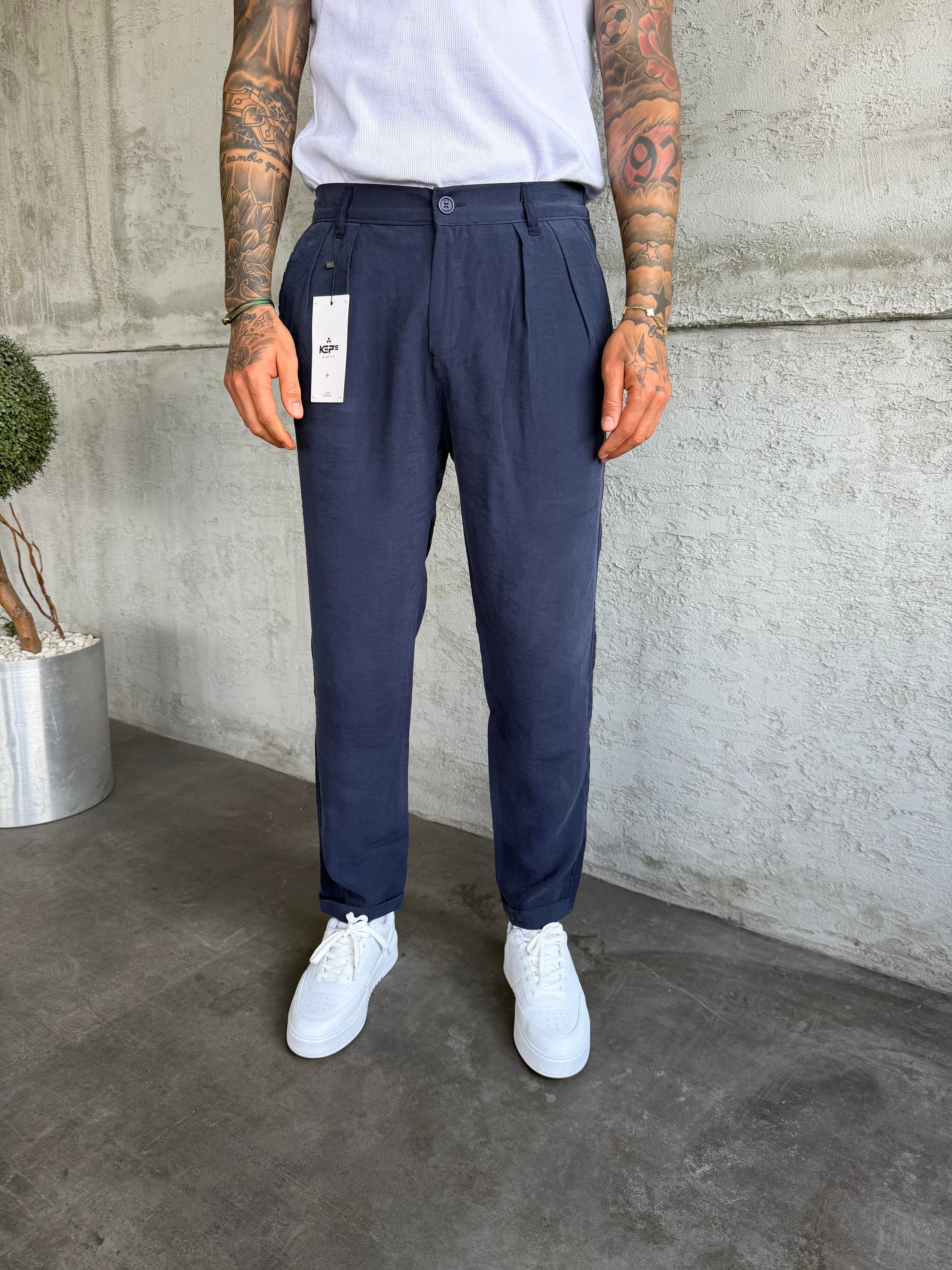 Lacivert Pileli Modal Kumaş Boyfriend Pantolon