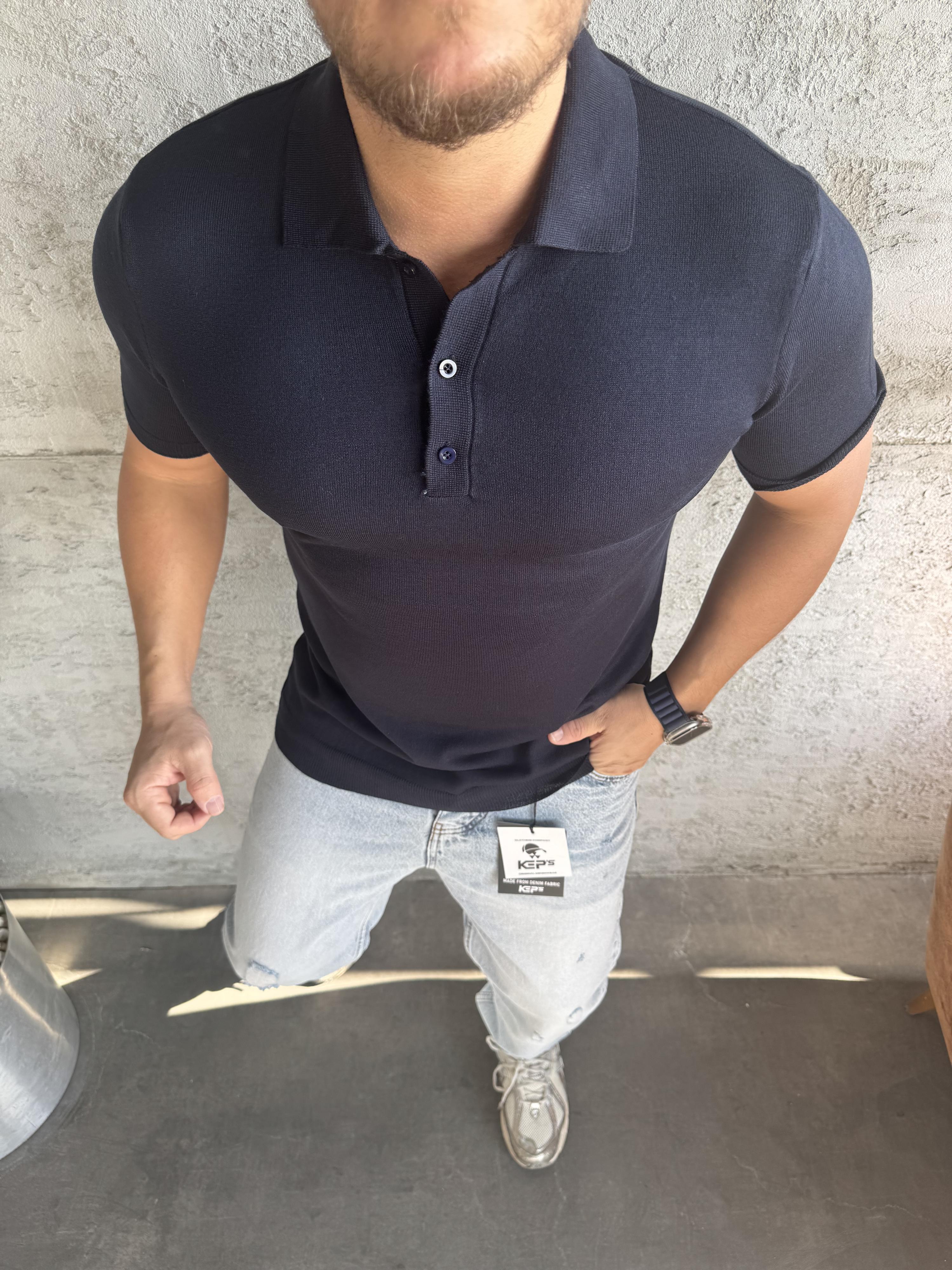 Lacivert Polo Yaka Düğmeli Triko T-Shirt