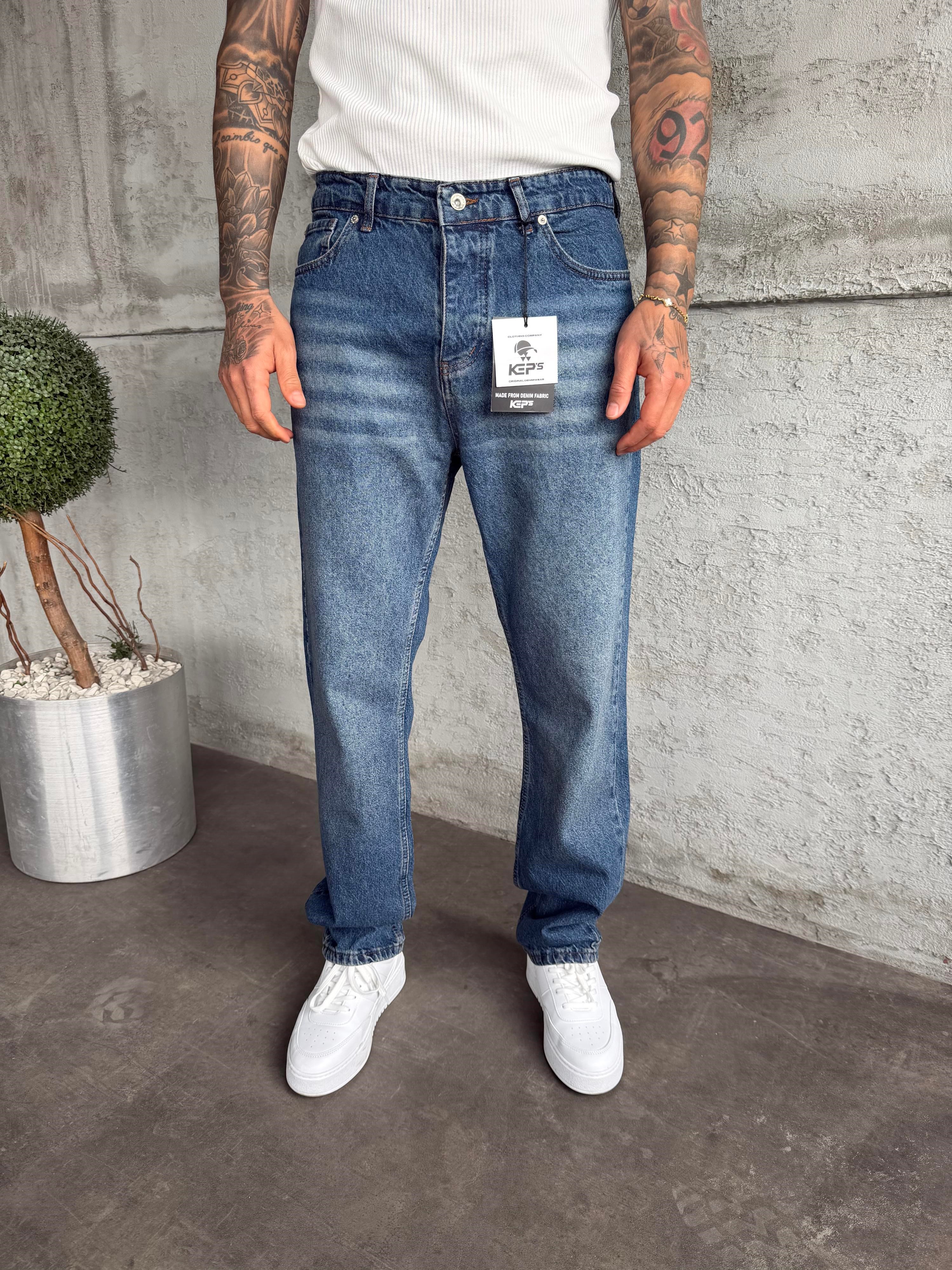 Lacivert Taşlamalı Baggy Jean