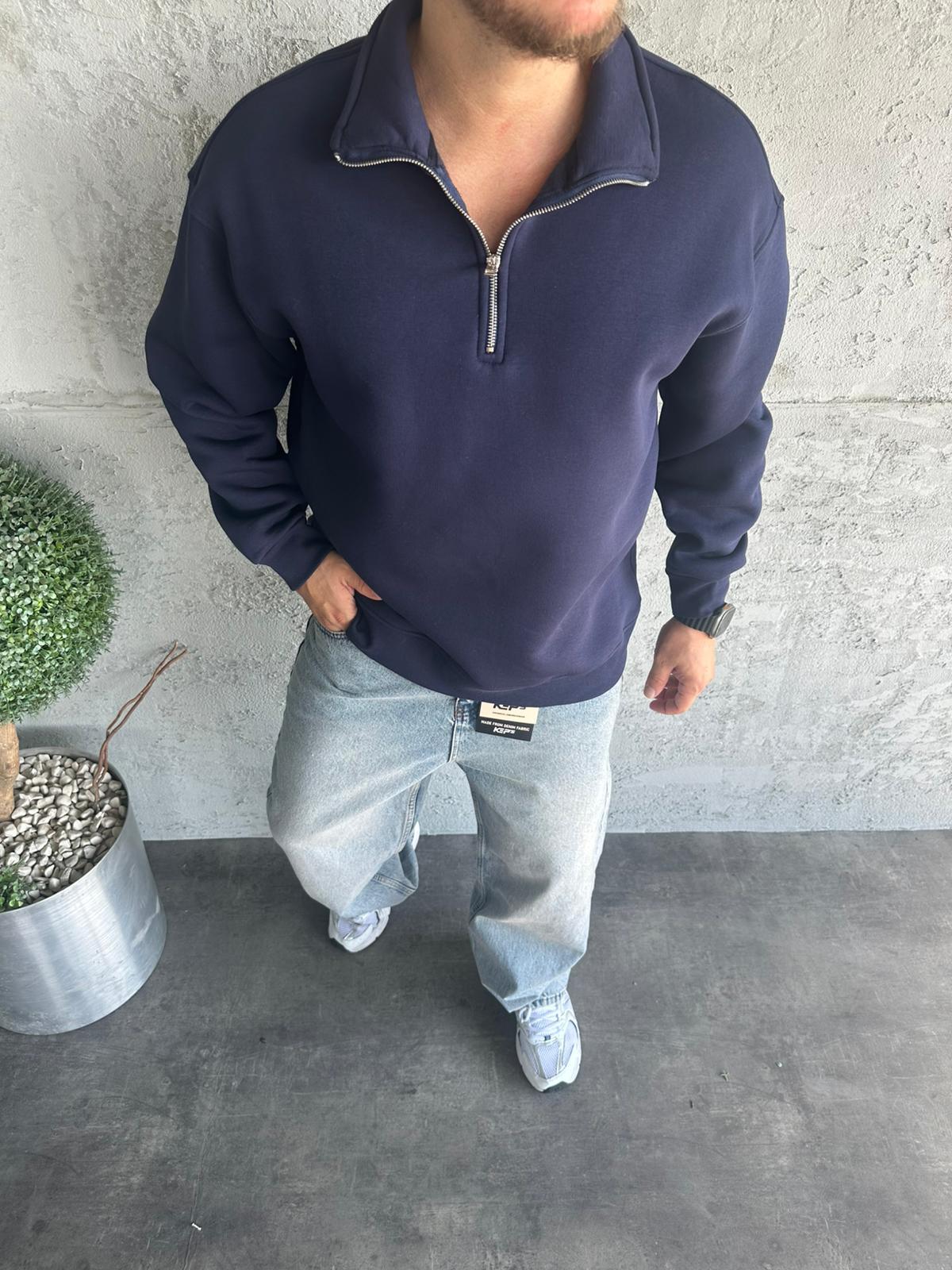 Lacivert Yarım Fermuarlı Sweatshirt