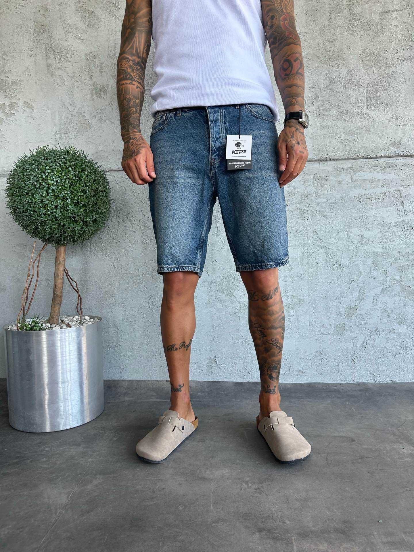 Lacivert Yıkamalı Kot Şort