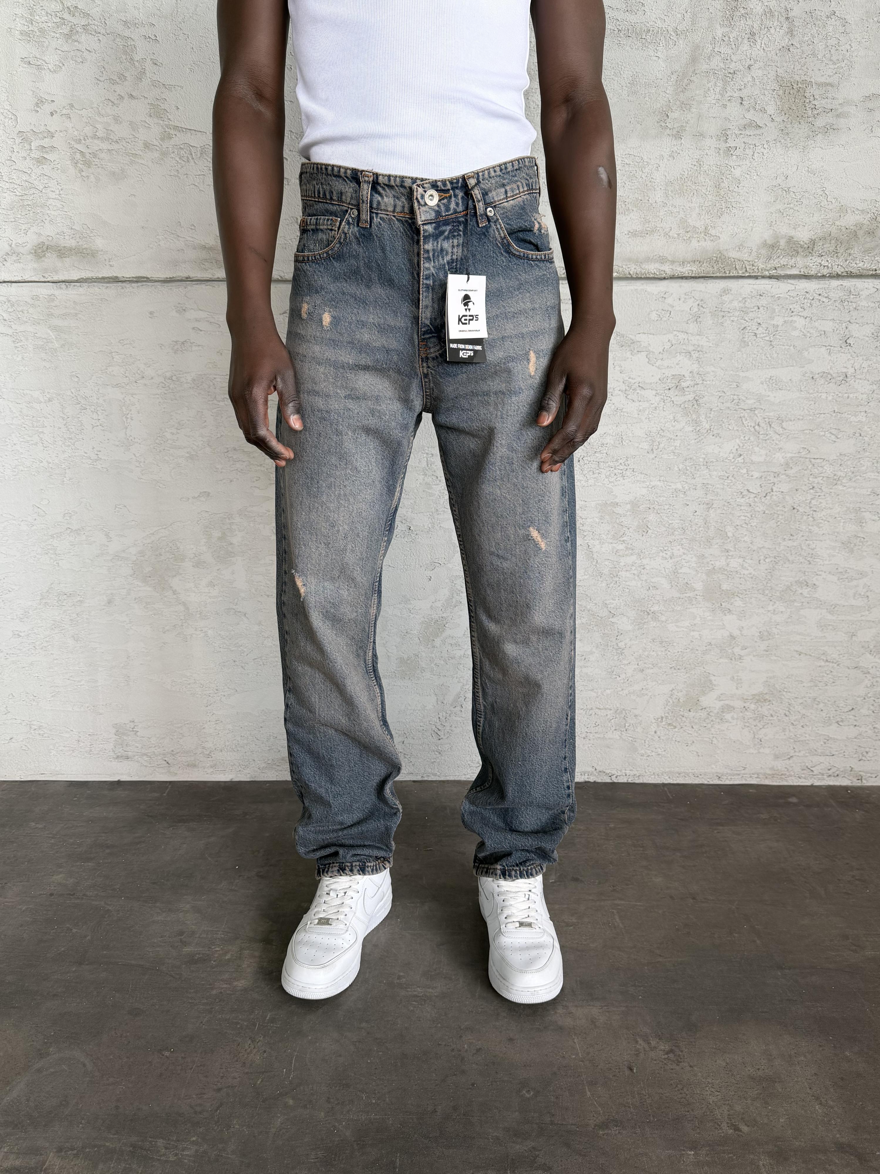 Lacivert Yıkamalı Lazer Detaylı Baggy Jean