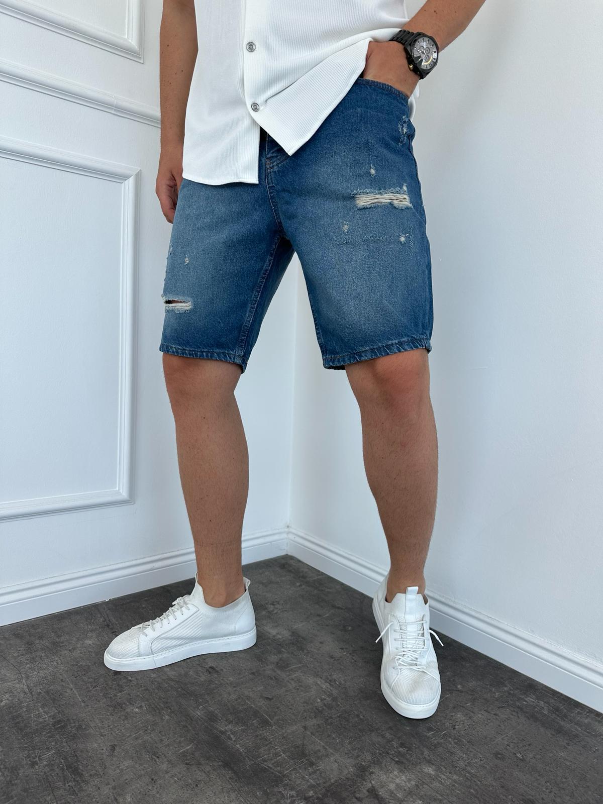 Lacivert Yırtıklı Kot Şort
