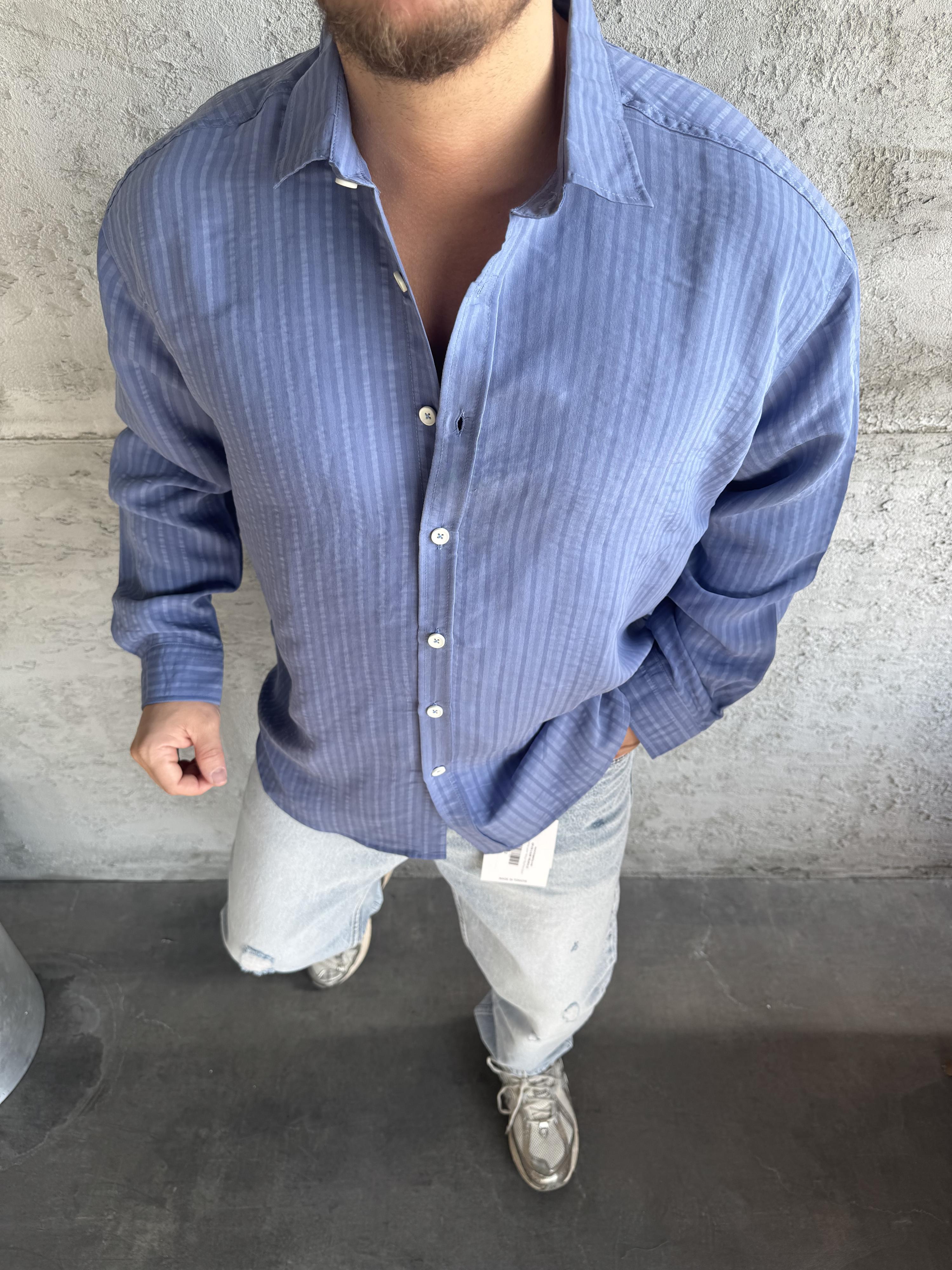 Mavi Modal Kumaş Desenli Oversize Gömlek