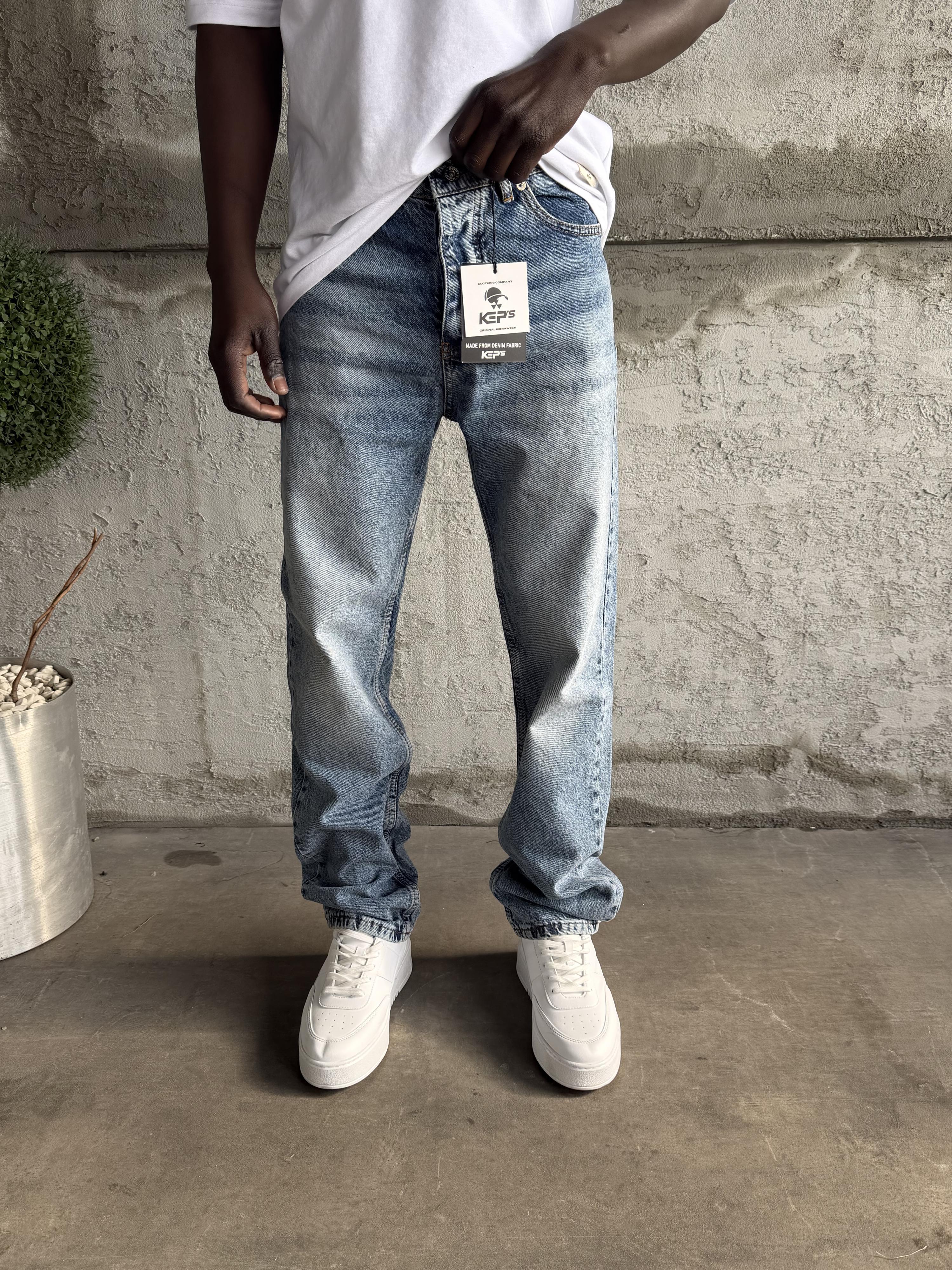 Mavi Taşlamalı Baggy Jean