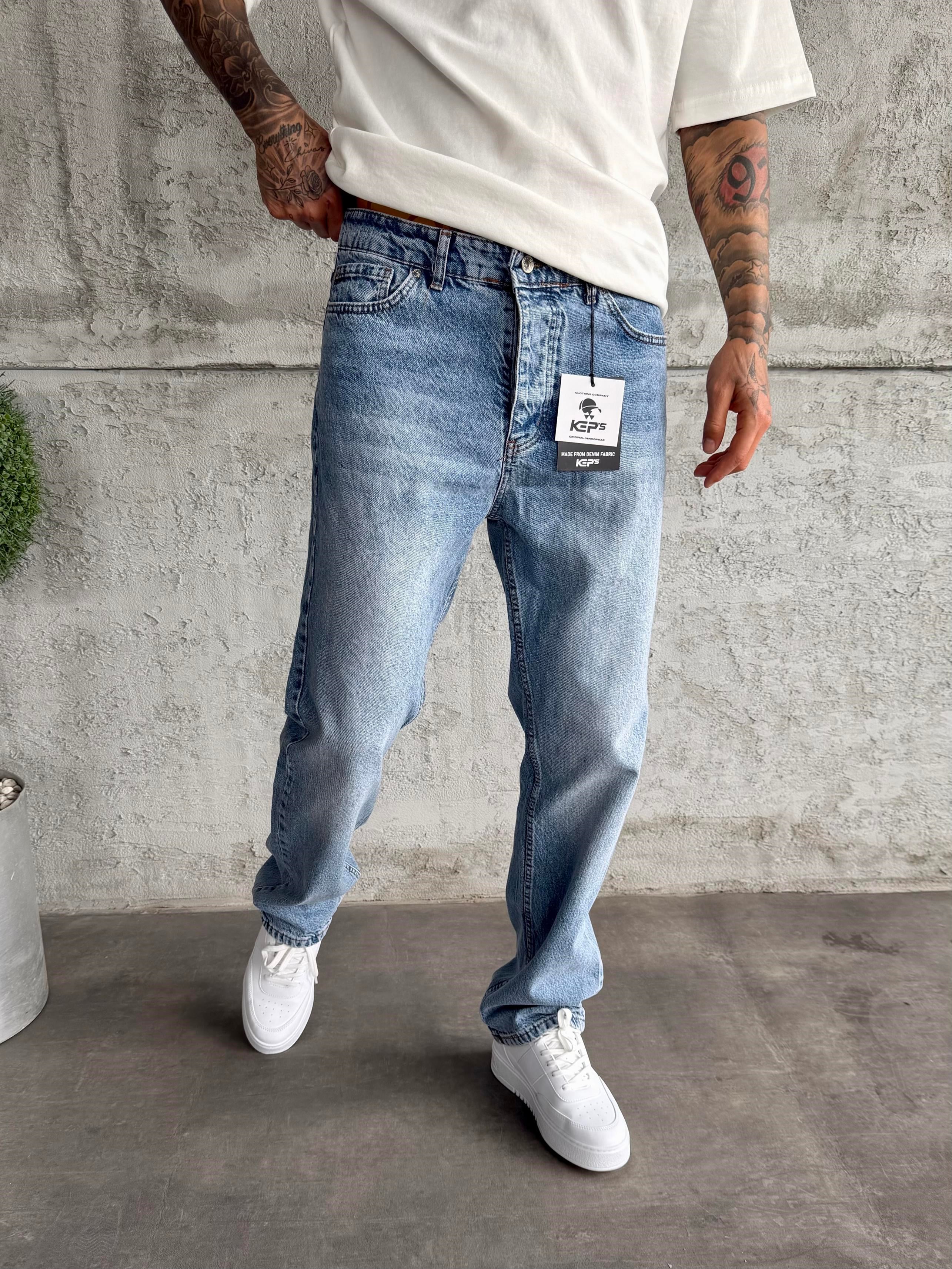 Mavi Taşlamalı Baggy Jean